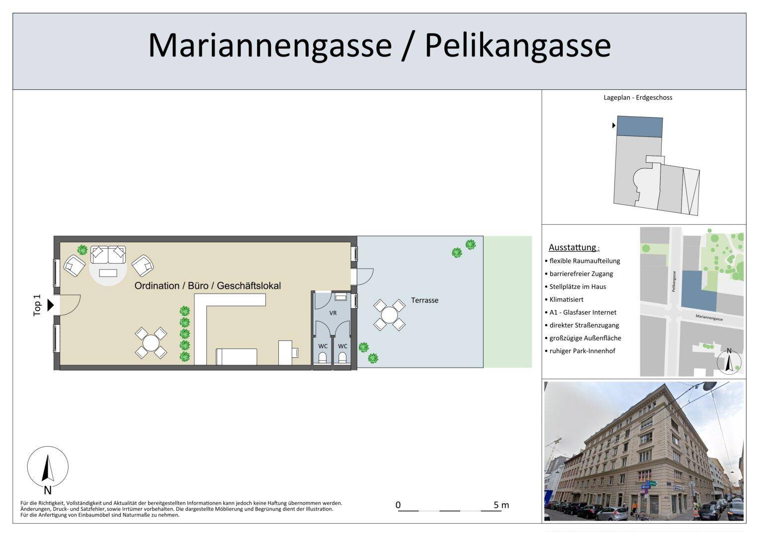 Detaillierter Grundriss einer Gewerbefläche mit Terrasse und verschiedenen Nutzungsbereichen.