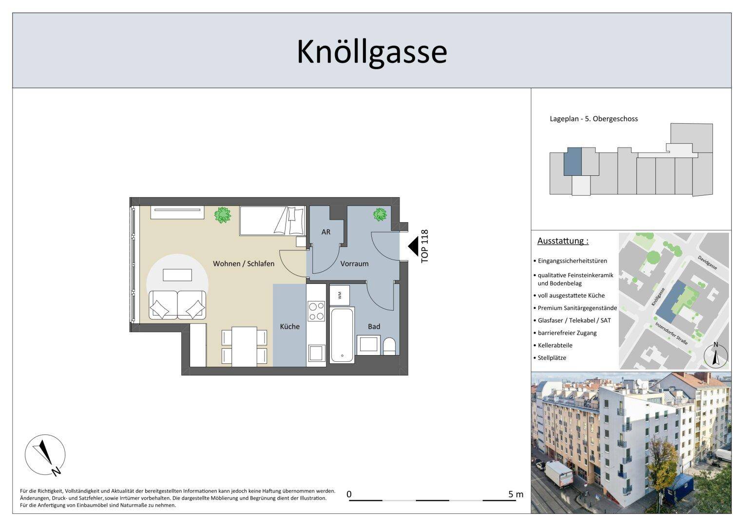 Detaillierter Grundriss des 5. Obergeschosses mit Wohn-/Schlafbereich, Küche und Bad.