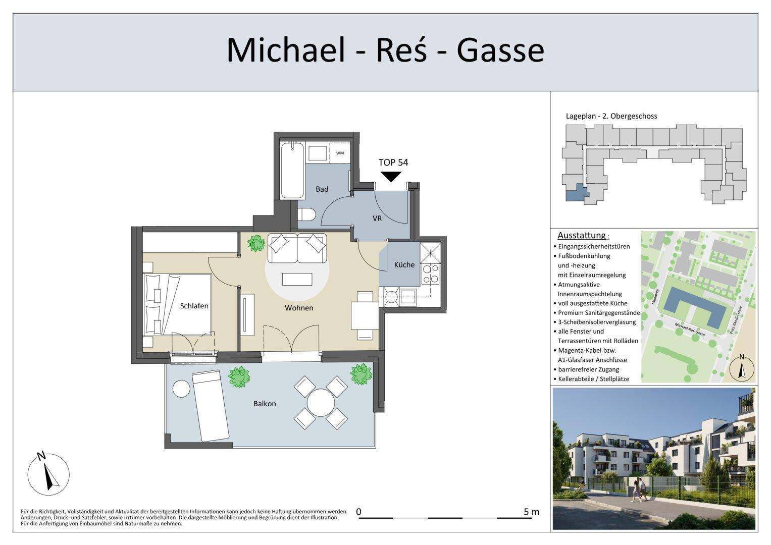 Detaillierter Grundriss einer Wohnung im Obergeschoss mit Balkon und offener Küche.