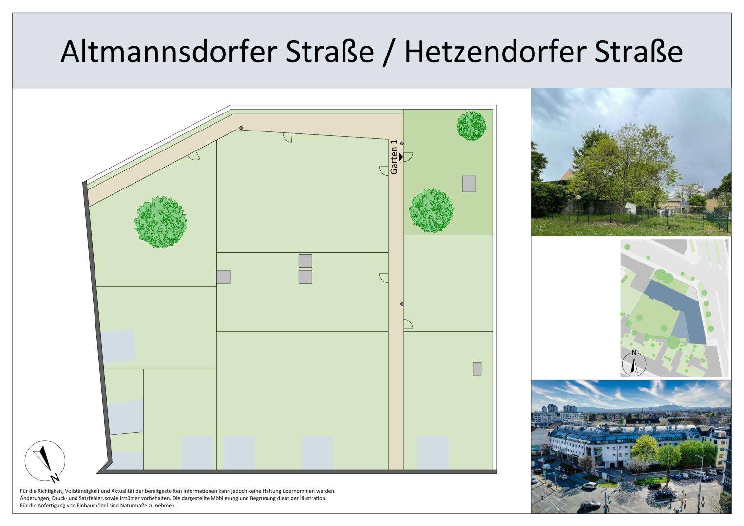Übersichtlicher Grundriss mit Gartenbereich und zusätzlichen Ansichten der Umgebung.