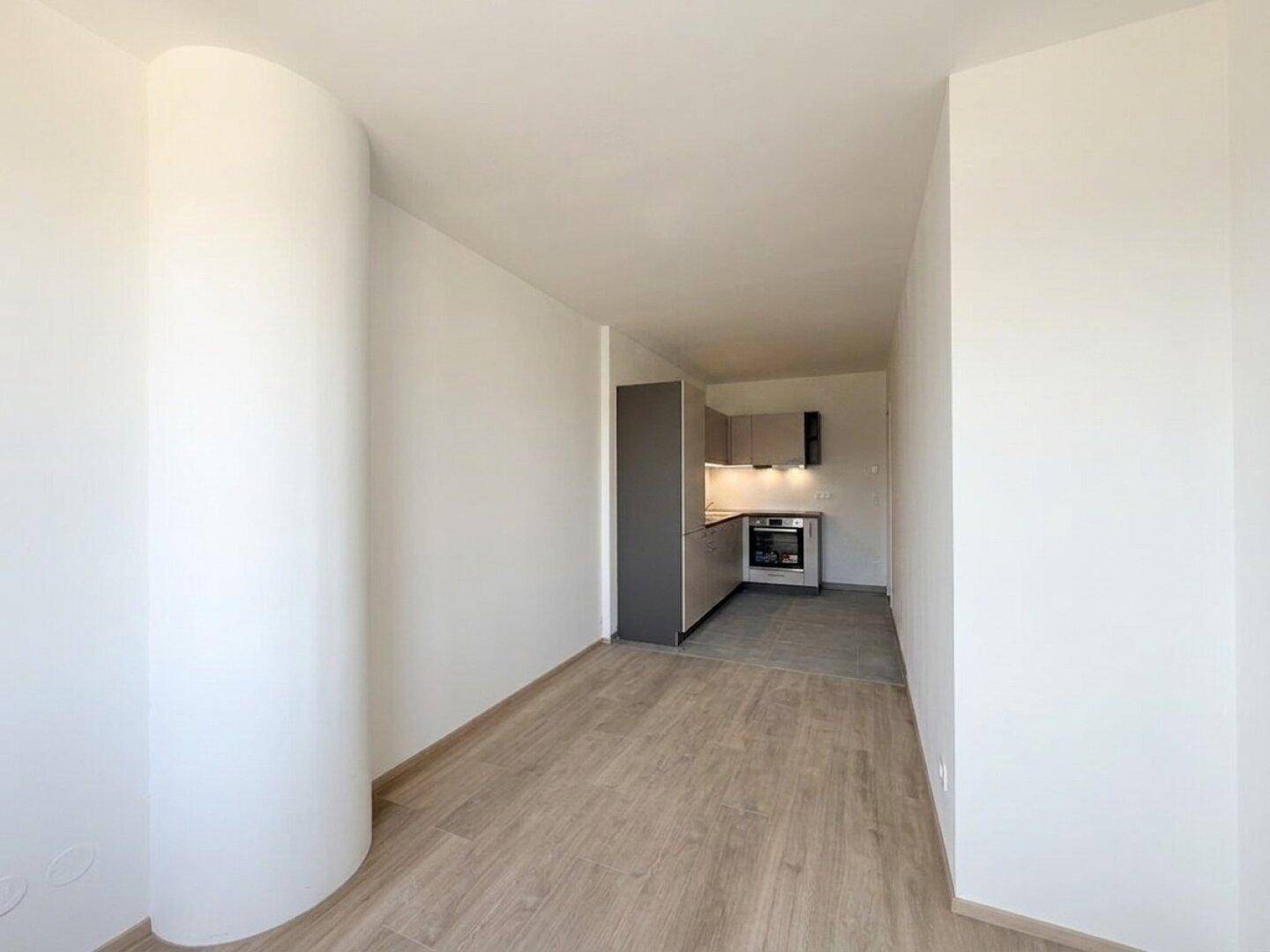 Heller Wohnbereich mit modernem Laminatboden und Blick auf die integrierte Küchenzeile.