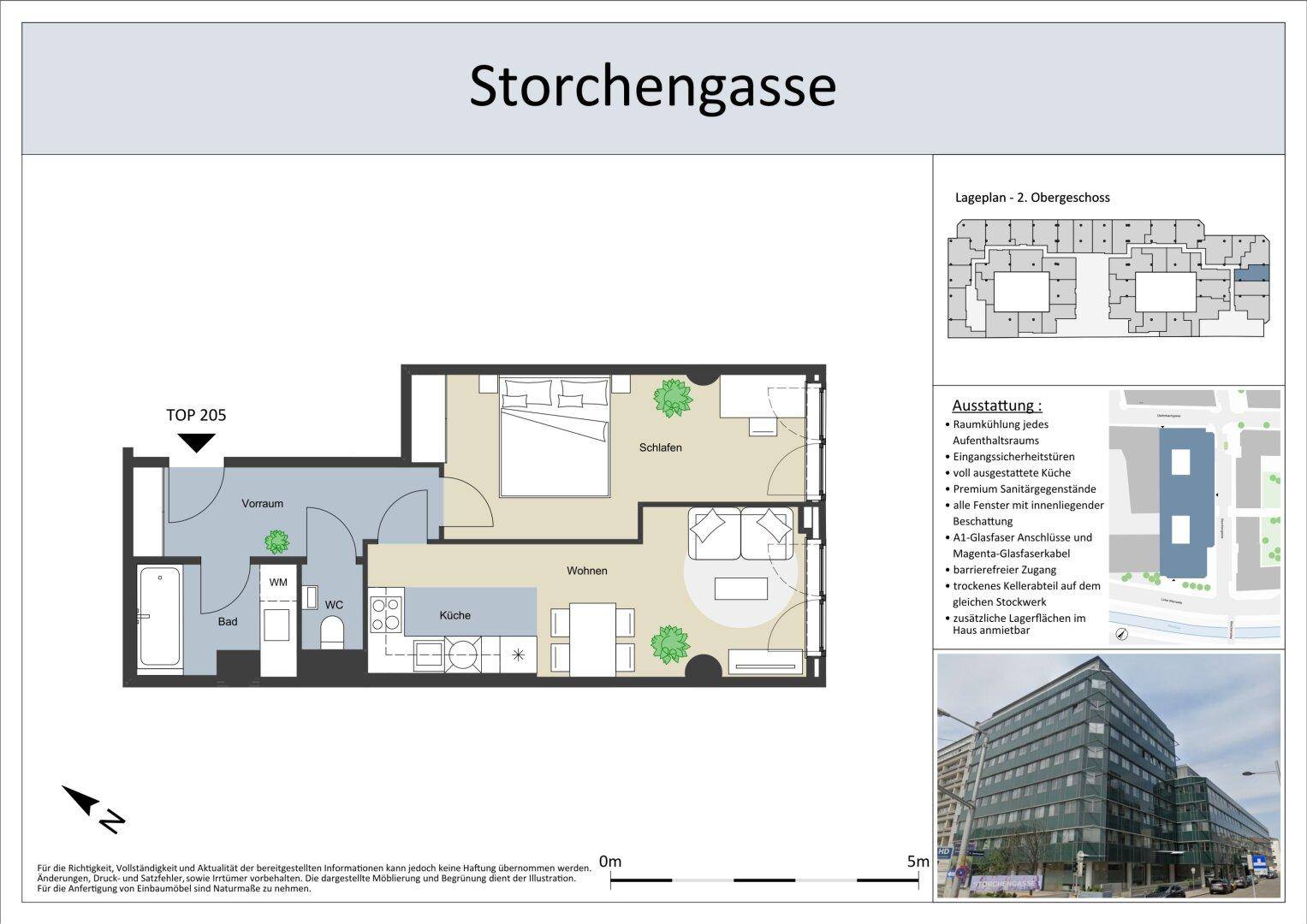 Detaillierter Grundriss der Wohnung TOP 205 mit Raumaufteilung und Ausstattungsinformationen.