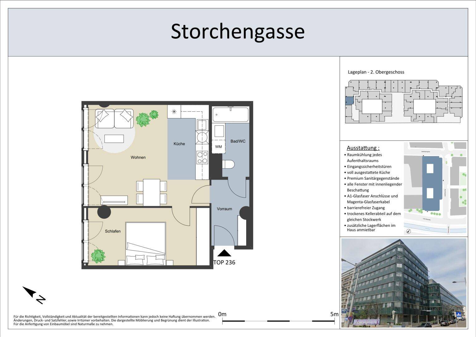 Detaillierter Grundriss einer Wohnung im zweiten Obergeschoss mit Wohn- und Schlafbereich.