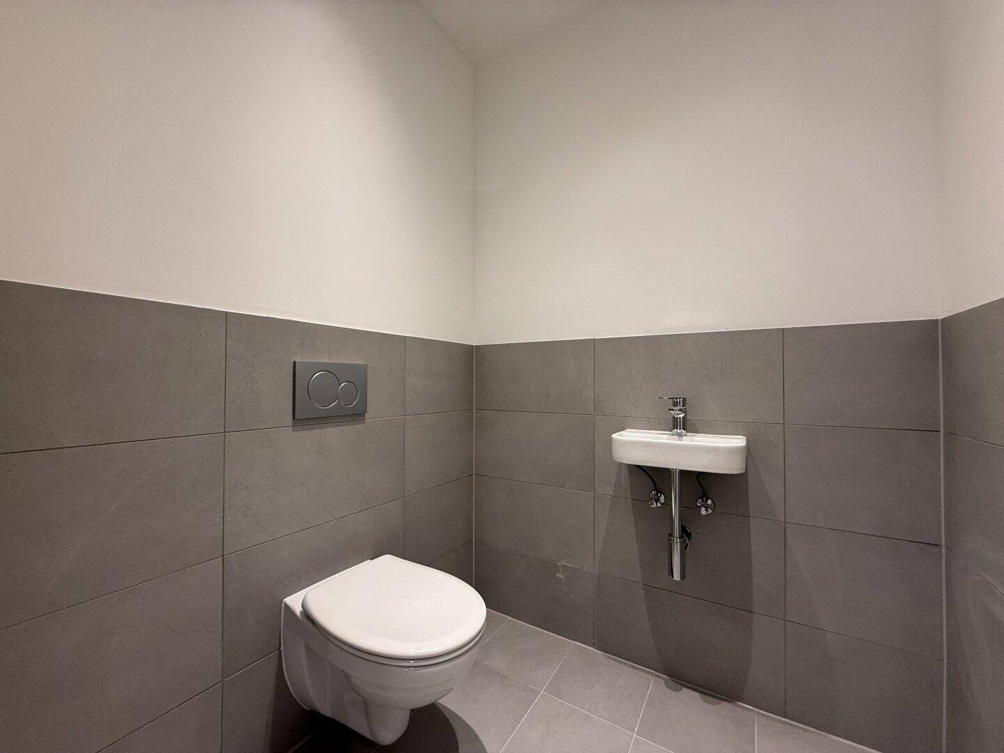 Separate Gästetoilette mit Wand-WC und kleinem Handwaschbecken, modern gefliest in Grau und Weiß.
