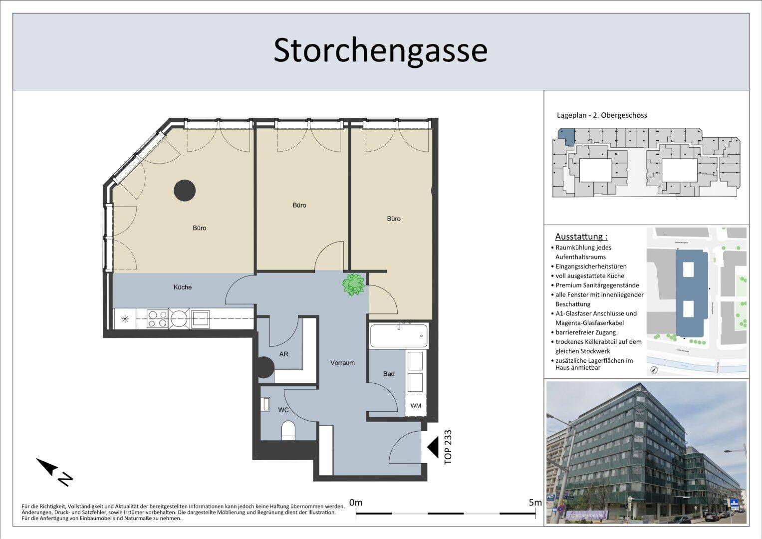 Grundriss des 2. Obergeschosses mit drei Büros, einer Küche und separaten Sanitäranlagen.
