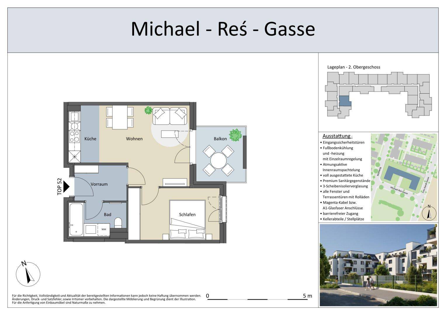 Grundriss der Wohnung Top 52 mit Balkon, Schlafzimmer und offener Küche im Obergeschoss.