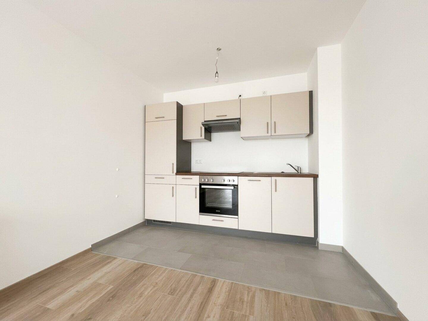 Moderne Küchenzeile mit integriertem Backofen und Dunstabzugshaube in neutralen Farben.