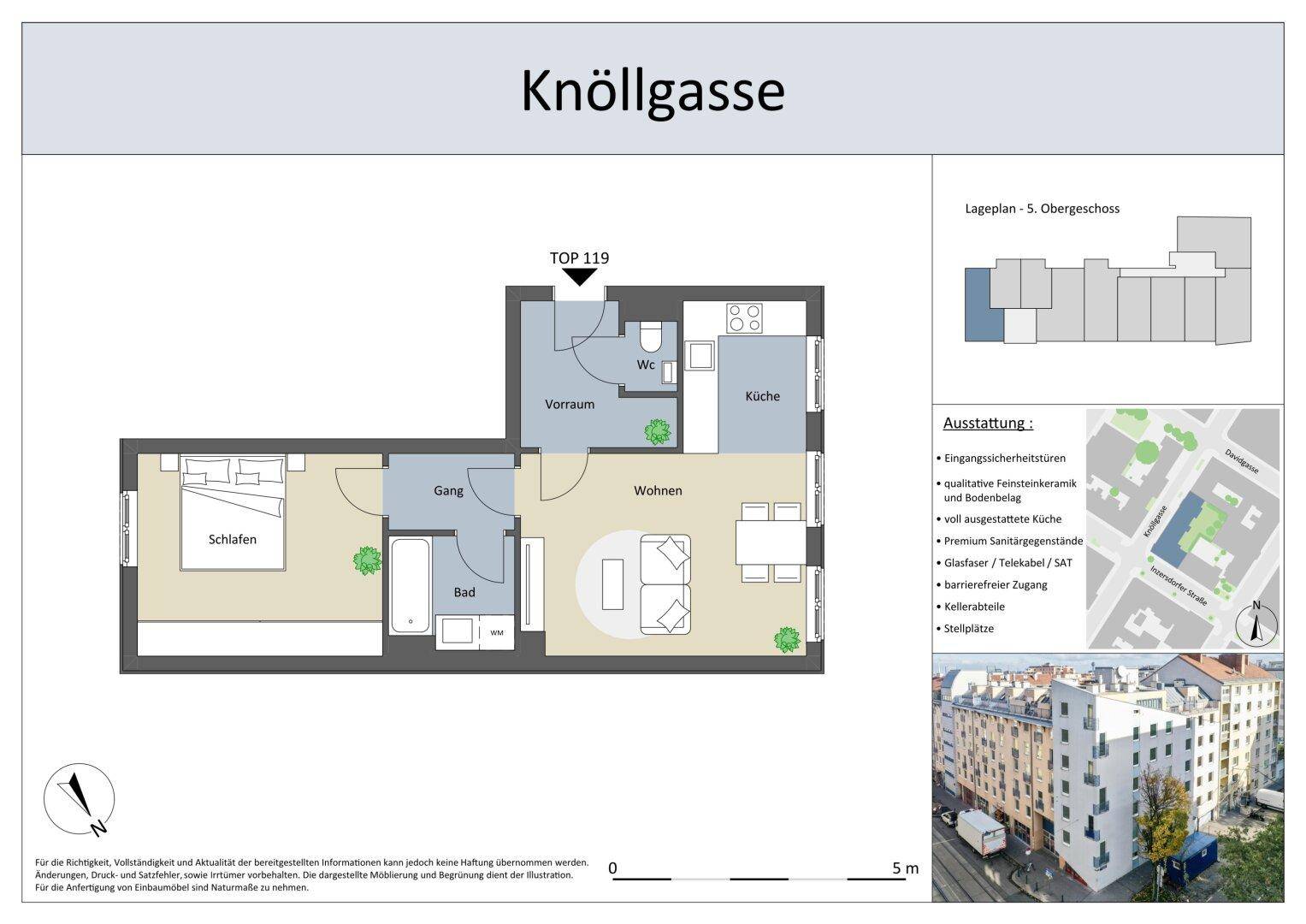 Grundriss des 5. Obergeschosses mit Wohnbereich, Schlafzimmer, Küche und Bad.