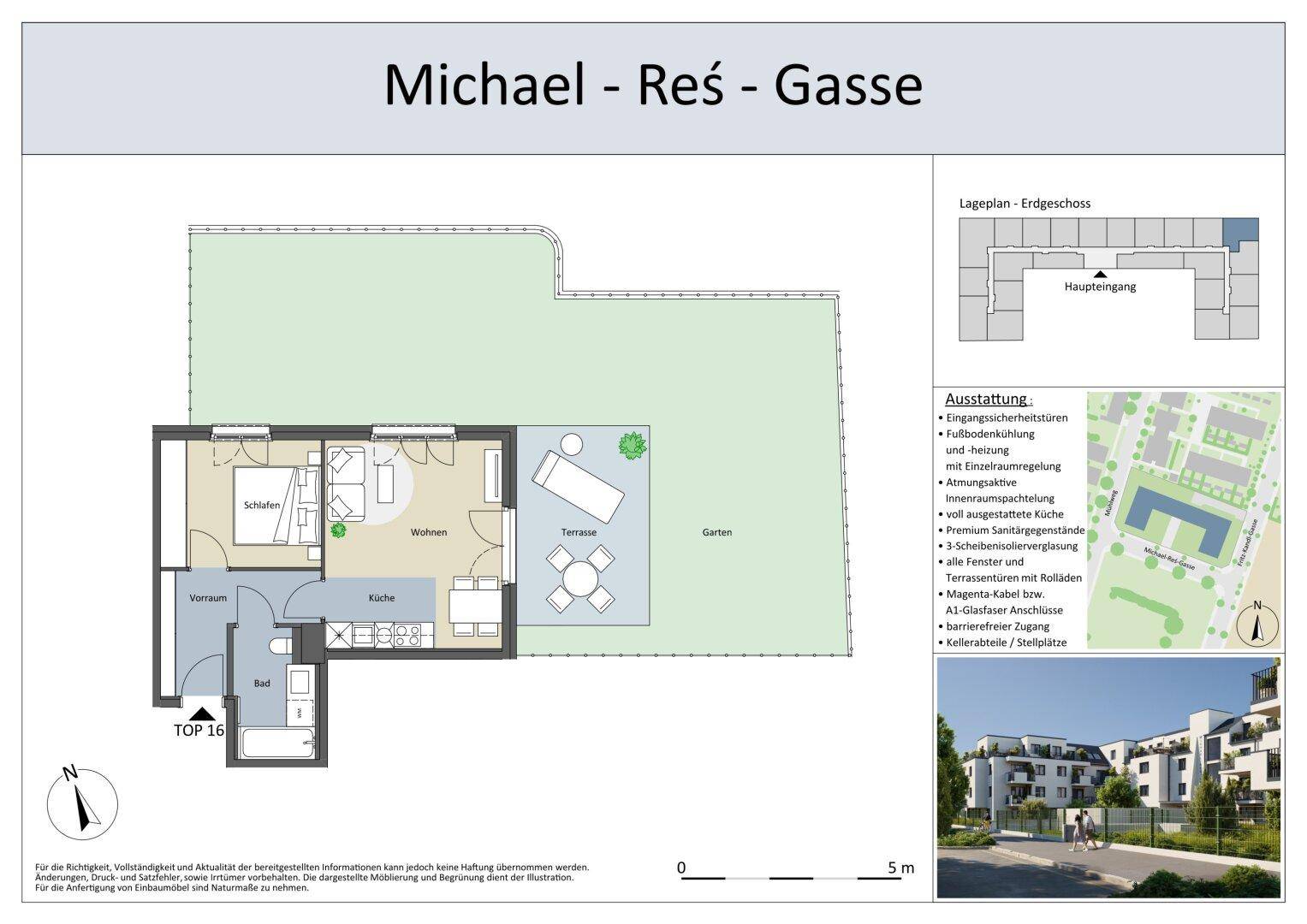 Grundriss des Erdgeschosses mit Wohnbereich, Terrasse und privatem Garten.