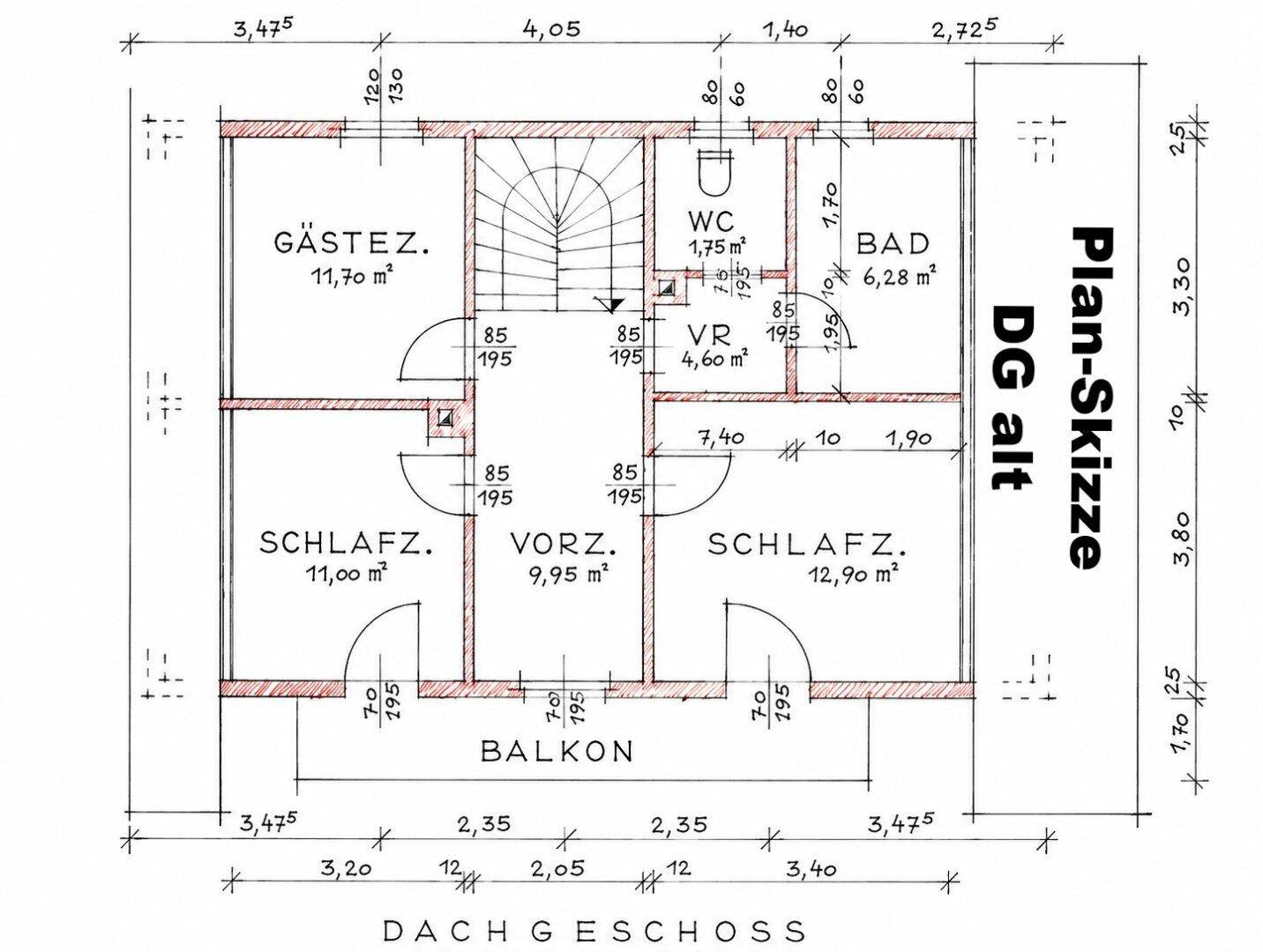 Grundriss des Dachgeschosses mit zwei Schlafzimmern, Bad, WC und Balkon.