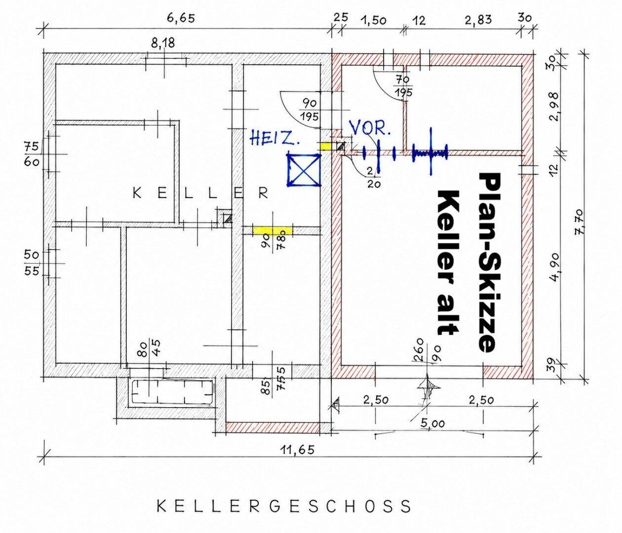 Grundriss des Kellergeschosses mit Heizraum und verschiedenen Kellerräumen.