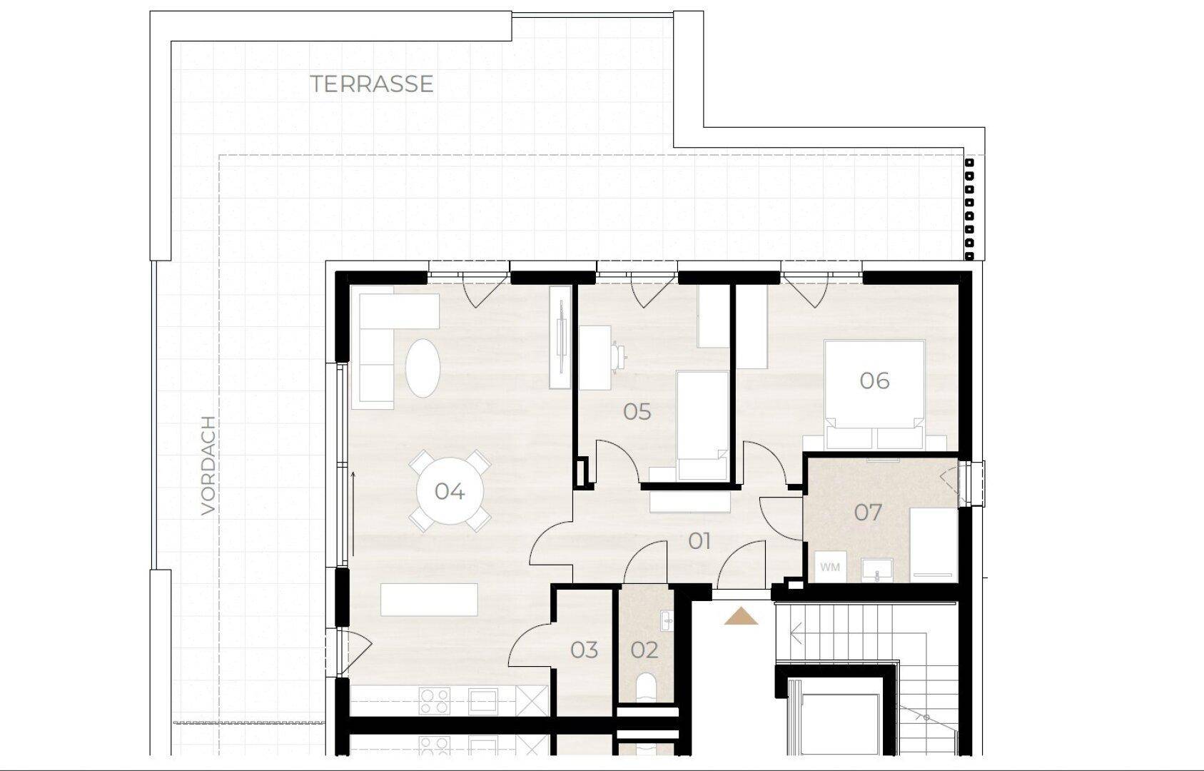 Grundriss einer Wohnung mit Terrasse, offenem Wohnbereich, Schlafzimmer und Bad.