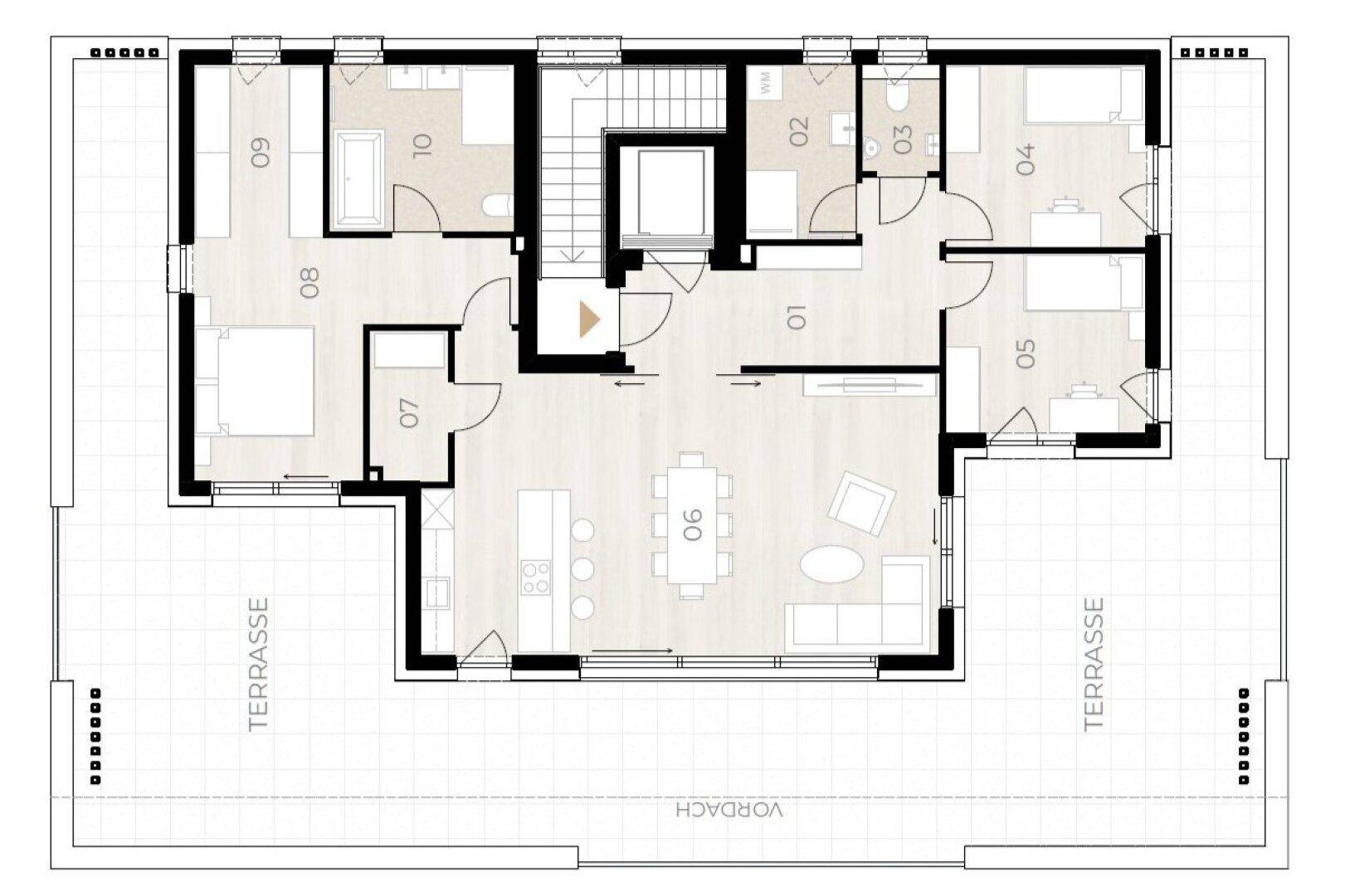 Grundriss einer Wohnung mit großzügiger Terrasse und mehreren Zimmern.