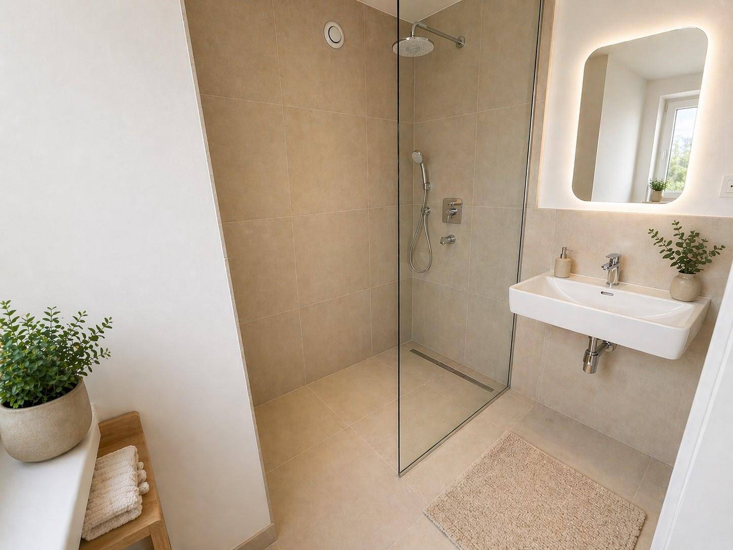 Modernes Badezimmer mit begehbarer Dusche, Wandwaschbecken und beigefarbenen Fliesen.