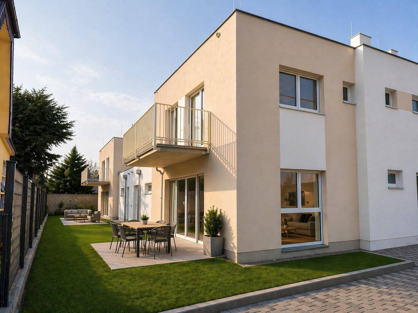 Moderne Hausfassade mit einer möblierten Terrasse und einem Balkon, umgeben von einem gepflegten Rasen.