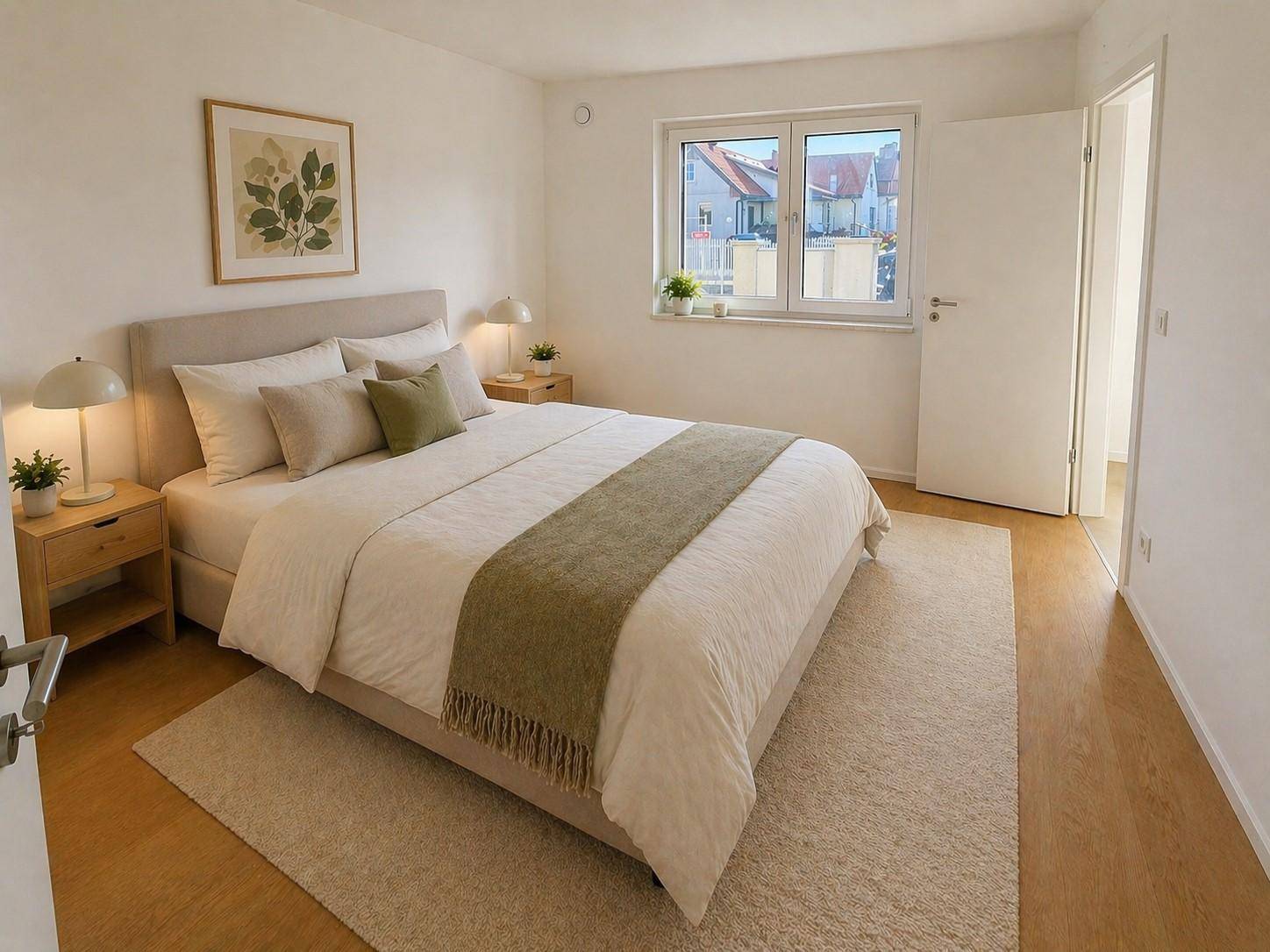 Helles Schlafzimmer mit Doppelbett, Nachttischen und einem Fenster mit Blick auf die Umgebung.