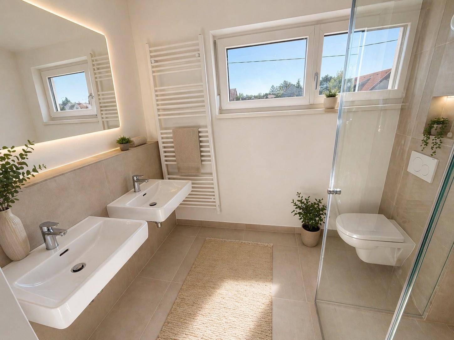 Helles Badezimmer mit Doppelwaschbecken, großer Dusche und beheiztem Handtuchhalter.