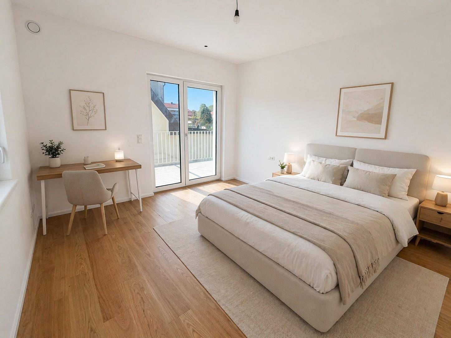 Helles Schlafzimmer mit Arbeitsbereich, Doppelbett und großen Fenstern zum Balkon.