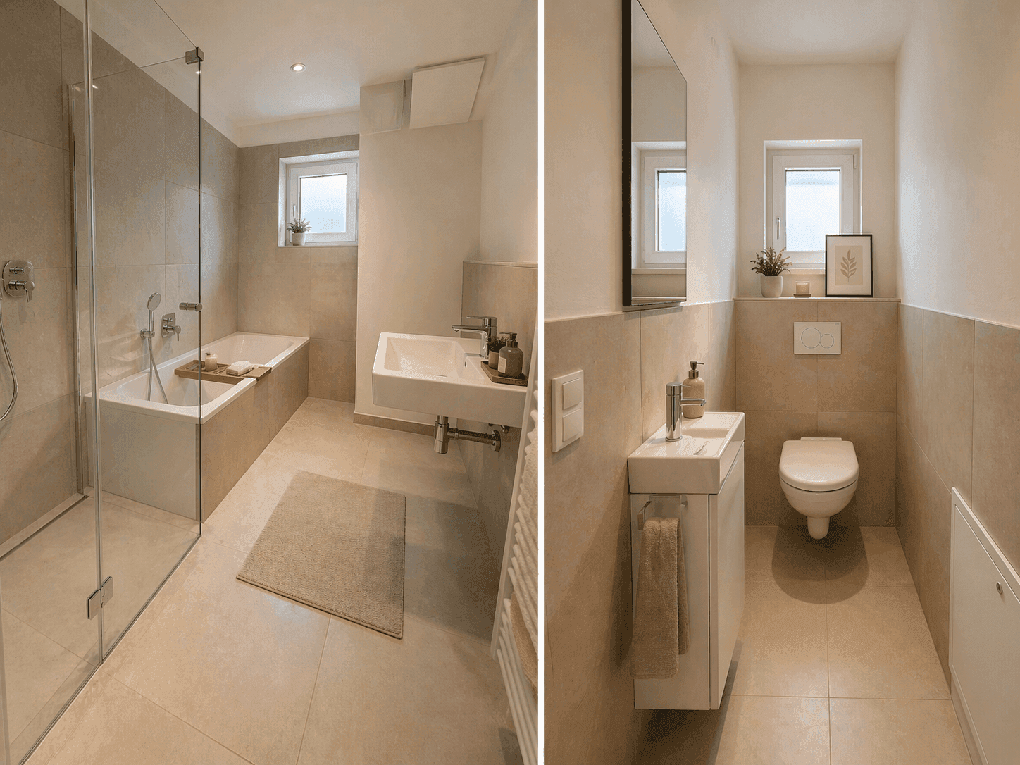 Modernes Badezimmer mit Badewanne, begehbarer Dusche, Waschbecken und separatem WC-Bereich.
