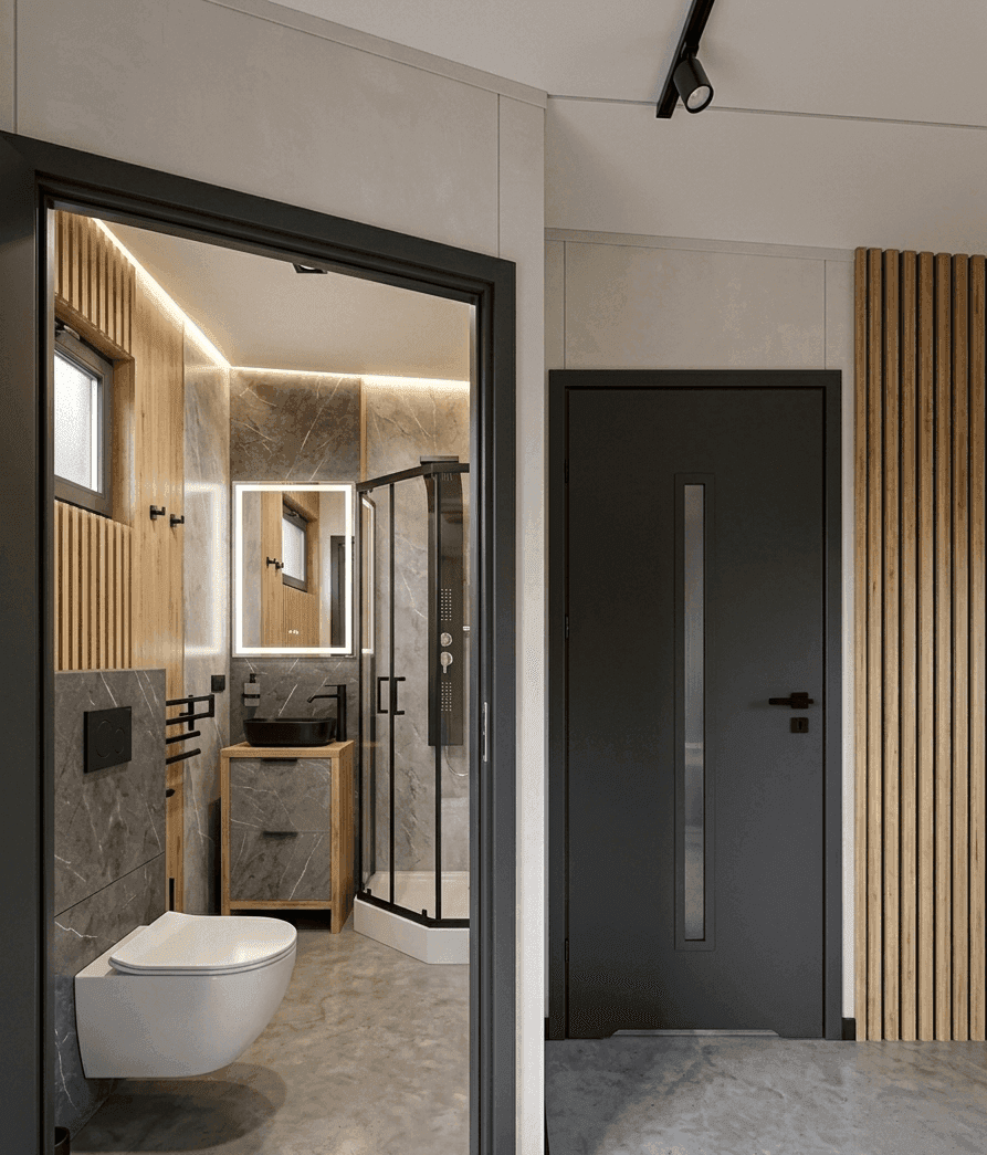 Modernes Badezimmer mit Duschkabine, Hänge-WC und stilvollem Waschtisch in Holz- und Marmoroptik.