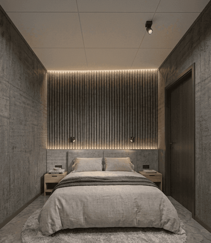 Gemütliches Schlafzimmer mit Doppelbett, Nachttischen und moderner Beleuchtung an den Betonwänden.