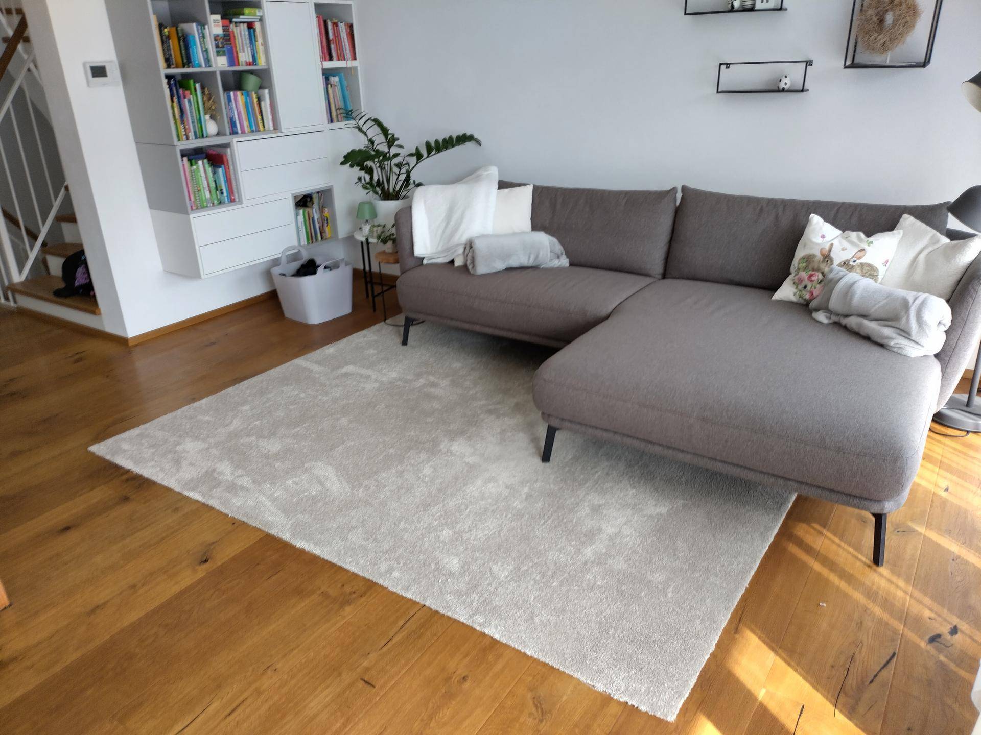 Gemütliches Wohnzimmer mit großem Ecksofa, Teppich und integriertem Bücherregal.