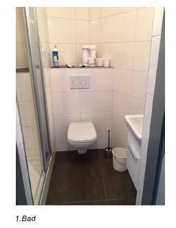 Kompaktes Badezimmer mit Duschkabine, Toilette und kleinem Waschbecken, funktional eingerichtet.