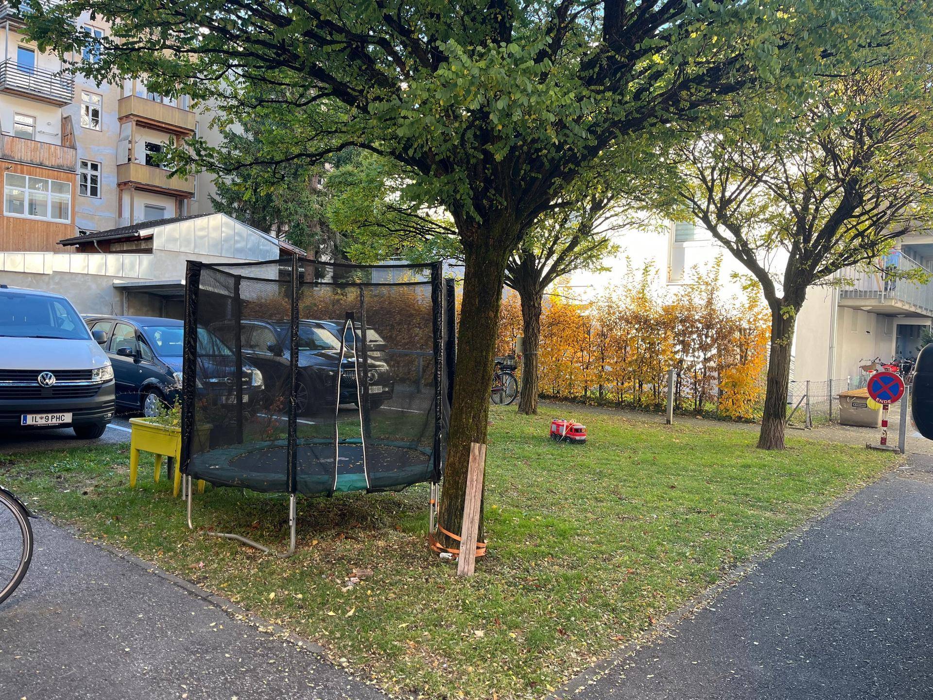 Grüner Gartenbereich mit Bäumen, Rasenfläche und einem Trampolin, umgeben von Parkplätzen.