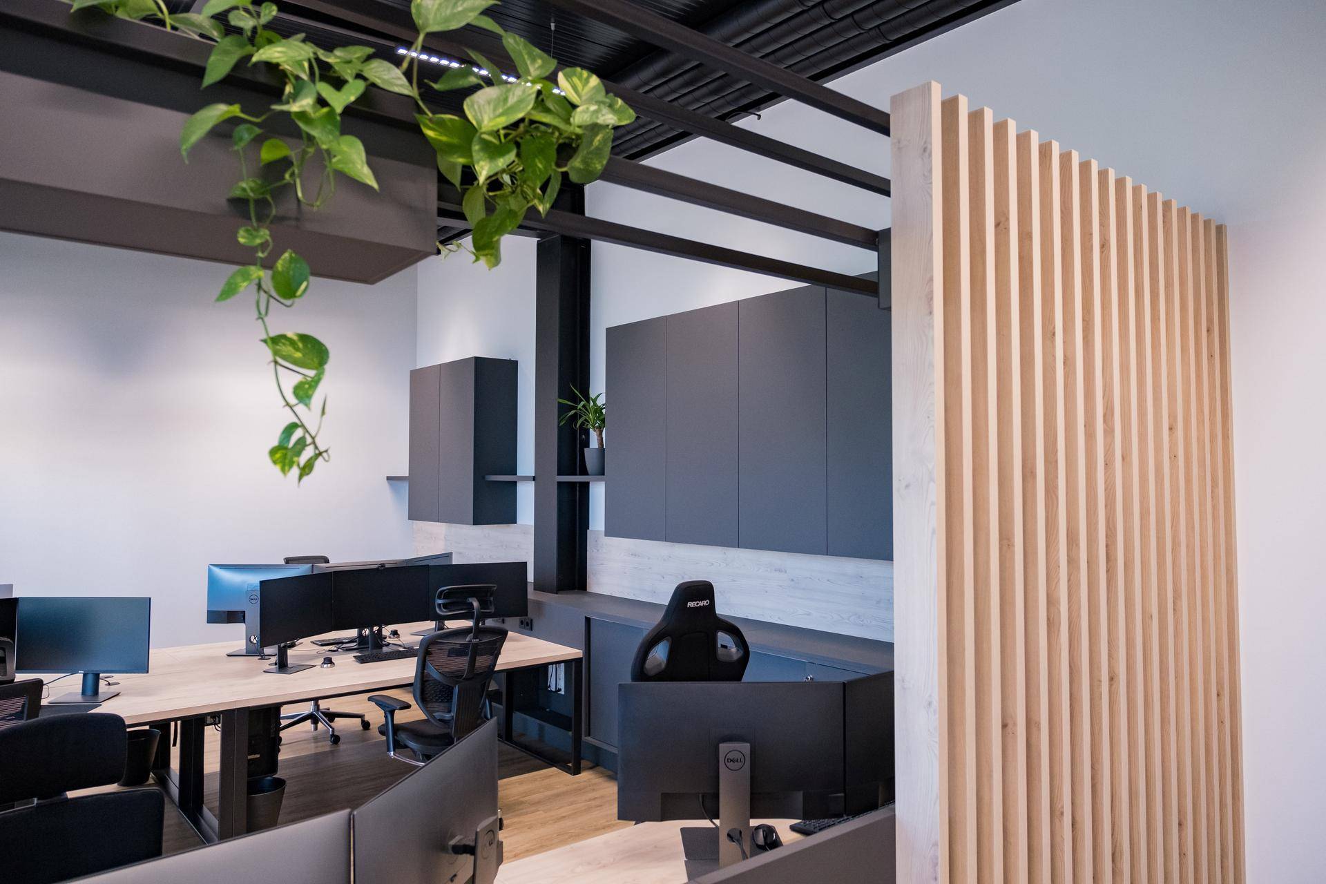 Arbeitsbereich mit modernen Schreibtischen, Holzlamellenwand und Pflanzen.