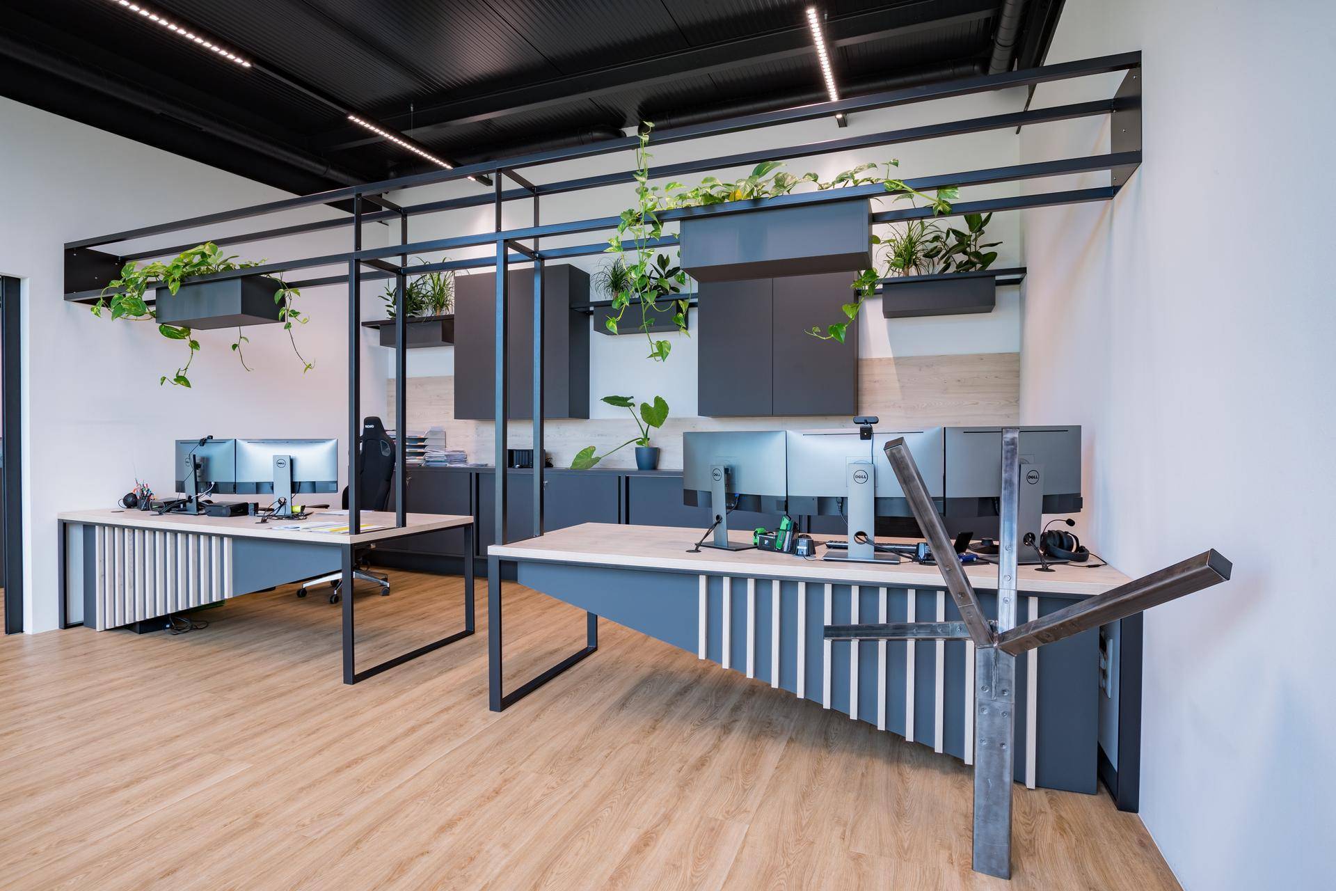 Moderner Bürobereich mit ergonomischen Arbeitsplätzen, Pflanzen und Holzboden.