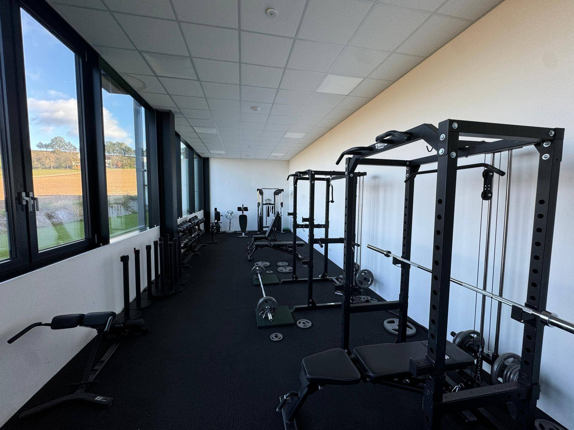 Fitnessraum mit verschiedenen Trainingsgeräten, großen Fenstern und Blick ins Grüne.