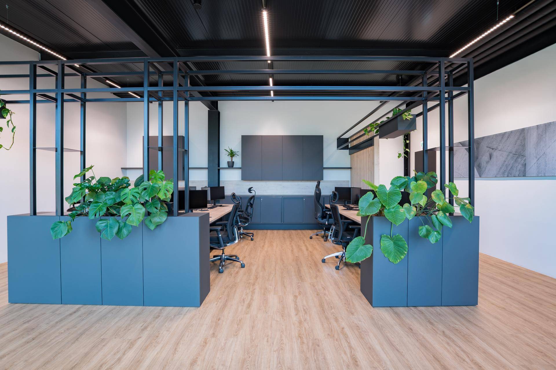 Symmetrischer Bürobereich mit zwei Reihen von Arbeitsplätzen und Pflanzen.