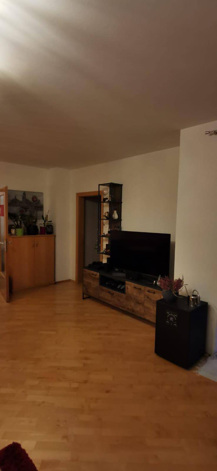 Wohnbereich mit Holzboden, modernem TV-Möbel und einem Durchgang zu weiteren Räumen.