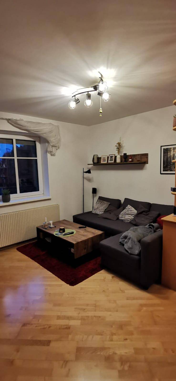 Helles Wohnzimmer mit Holzboden, bequemer Couch und einem Fenster, das Tageslicht hereinlässt.