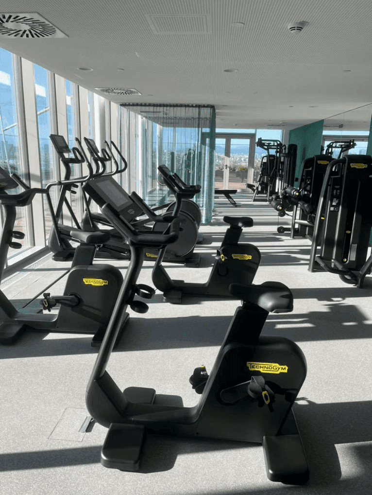 Heller Fitnessraum mit modernen Trainingsgeräten und großen Fenstern mit Weitblick.