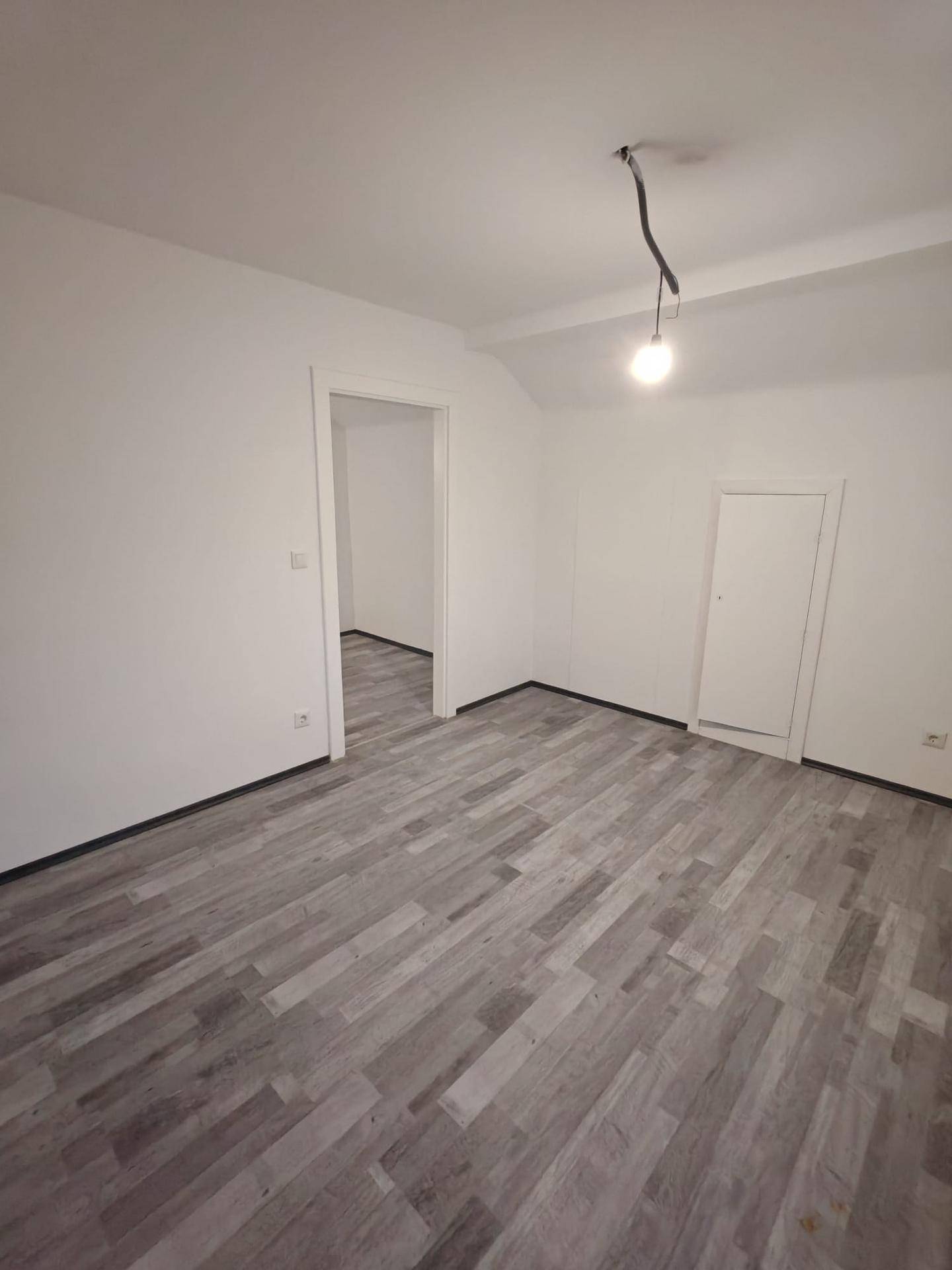 Leerer Raum mit hellem Laminatboden und zwei Türöffnungen zu angrenzenden Zimmern.