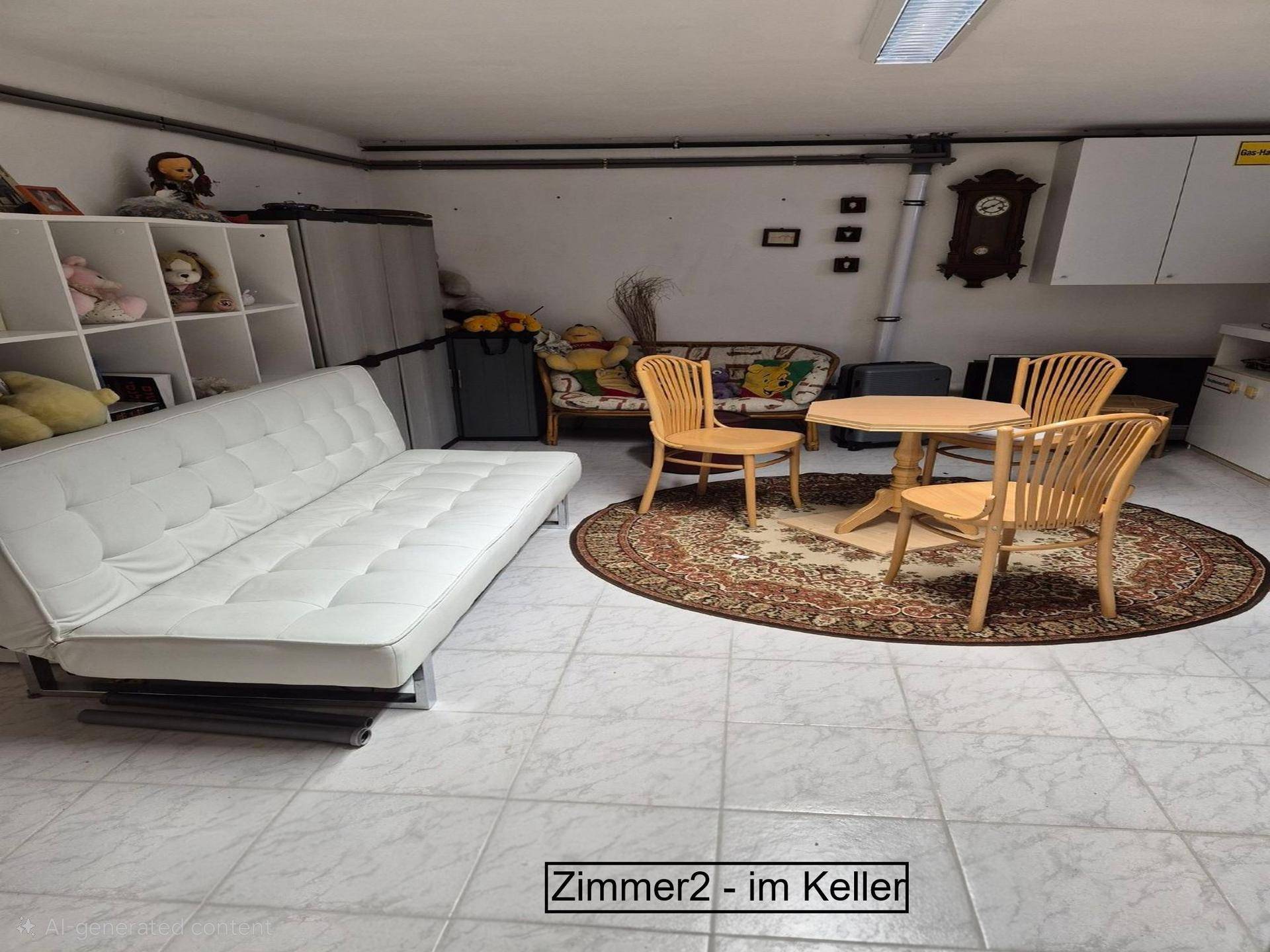 Geräumiger Wohn- oder Hobbyraum im Keller mit Sofa, Tisch und Stühlen.