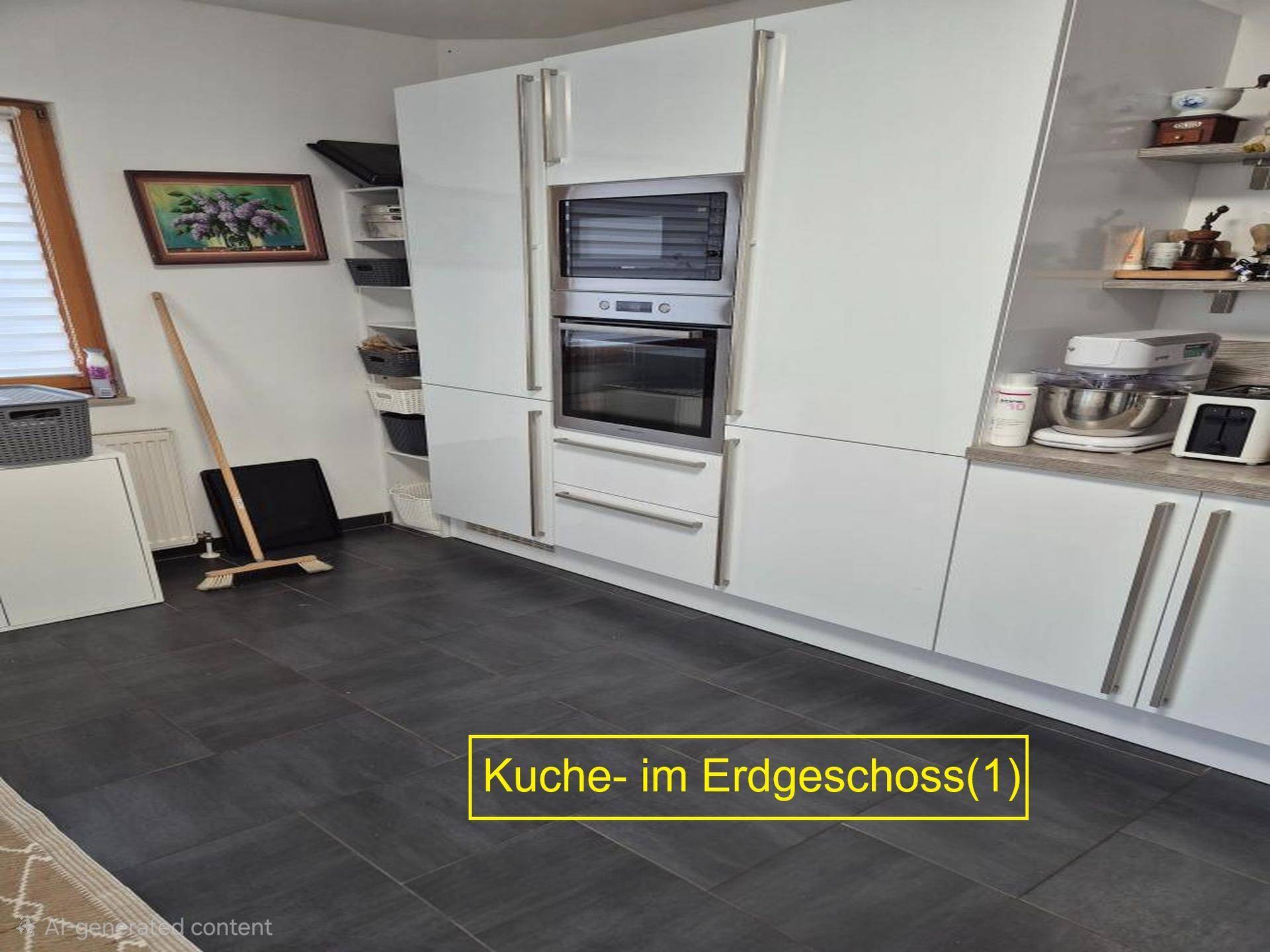 Helle Küche im Erdgeschoss mit integrierten Backöfen und weißen Hochglanzfronten.