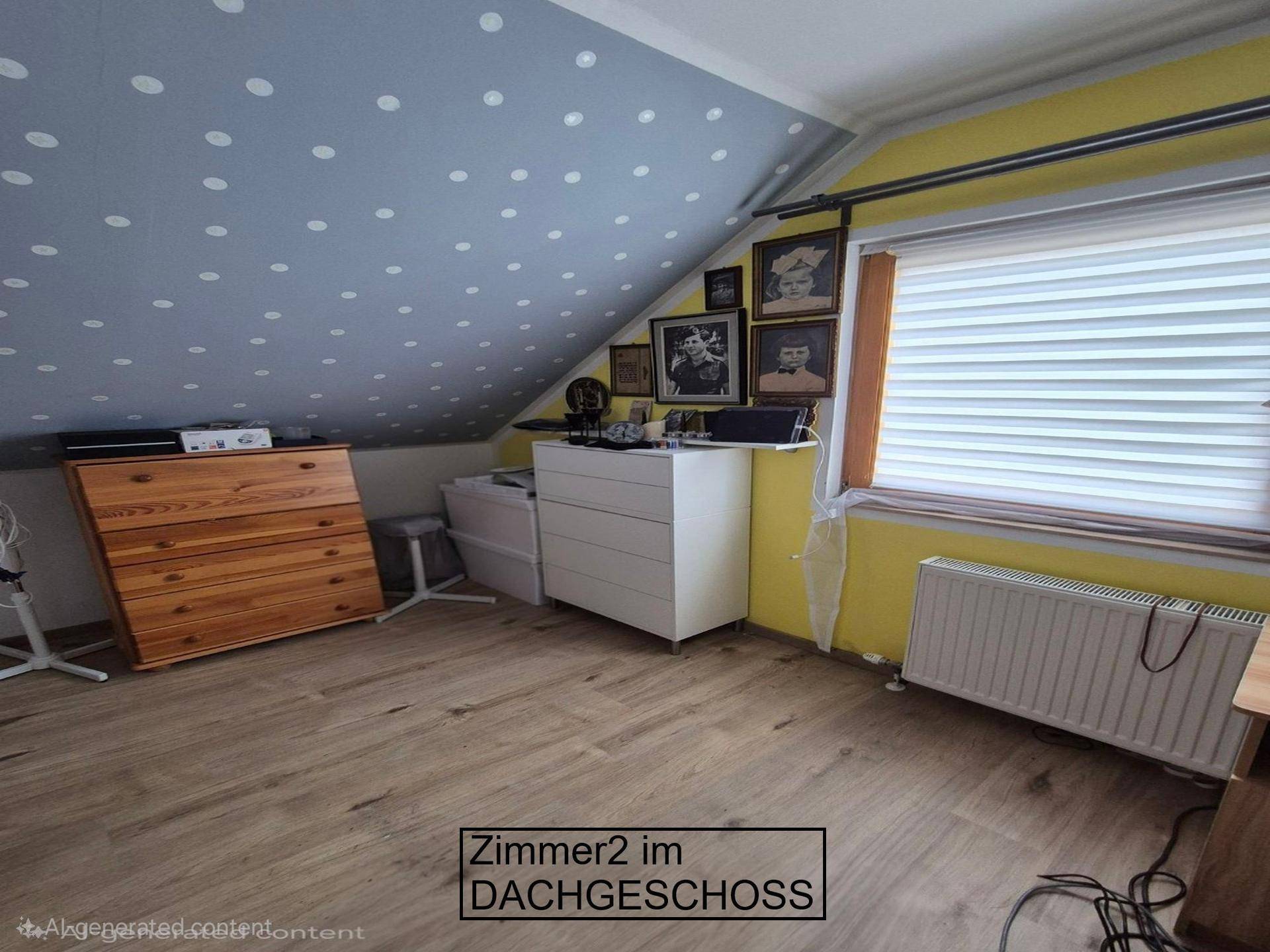 Helles Schlafzimmer im Dachgeschoss mit schräger Decke und Laminatboden.