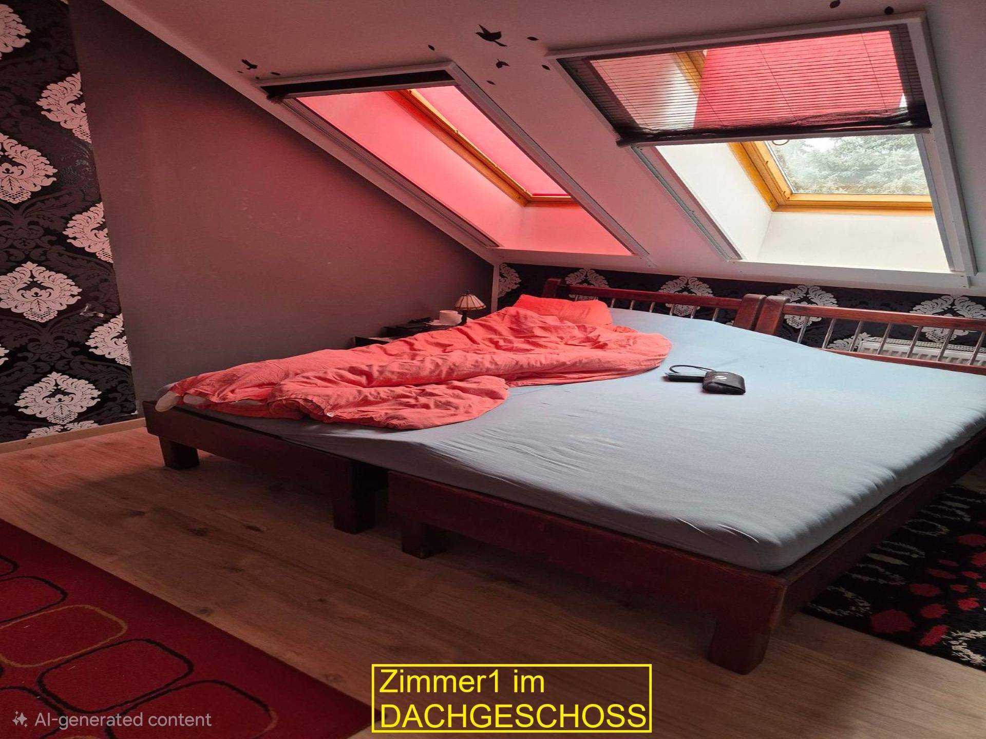 Gemütliches Schlafzimmer im Dachgeschoss mit Dachfenstern und Holzbett.