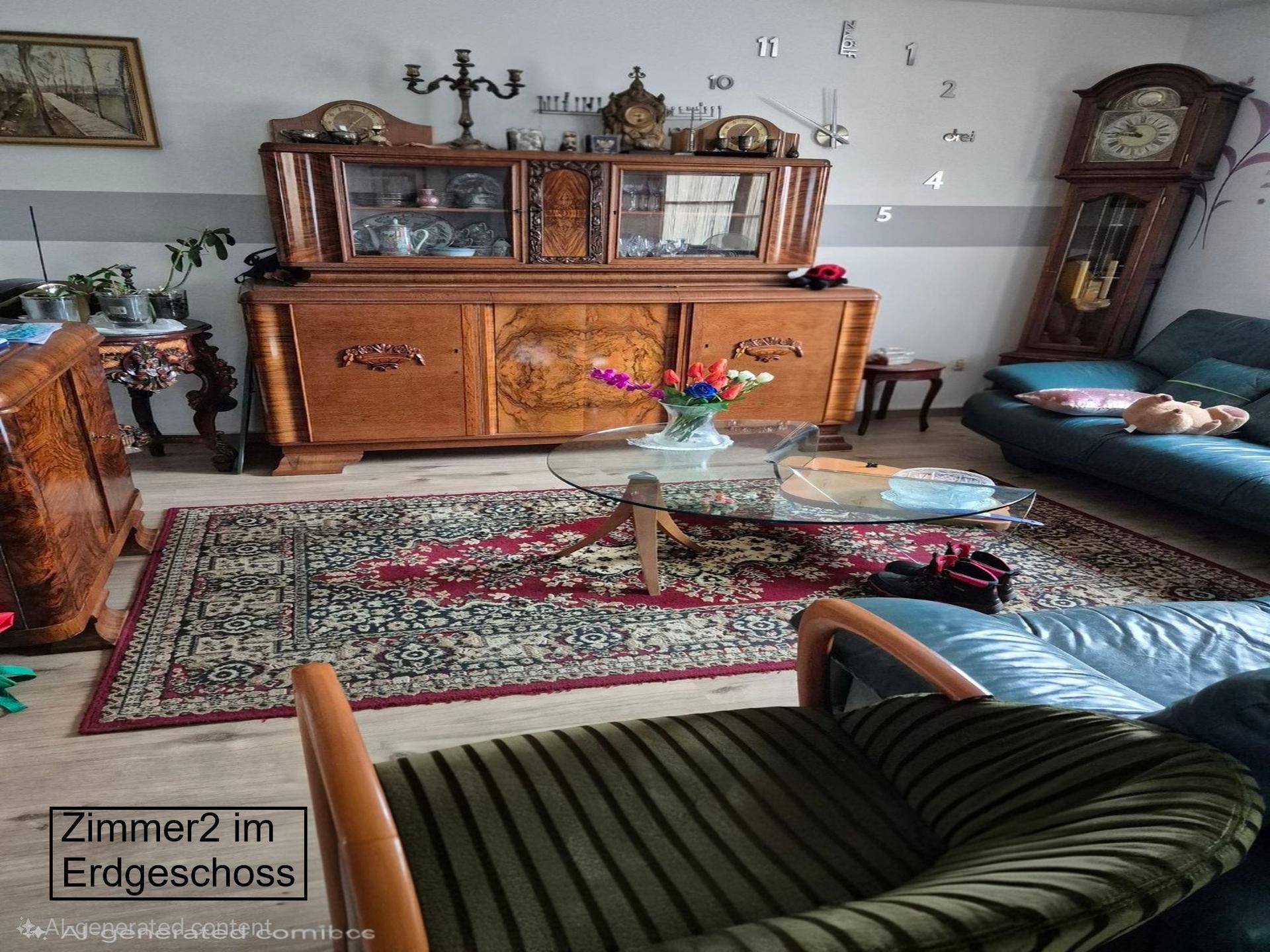 Klassisches Wohnzimmer im Erdgeschoss mit antiken Holzmöbeln und Teppich.
