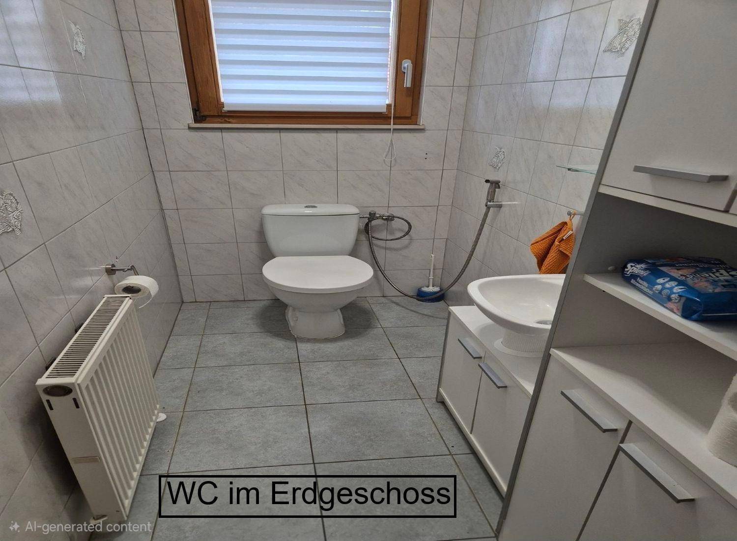 Helles WC im Erdgeschoss mit Fenster, Waschbecken und Heizkörper.