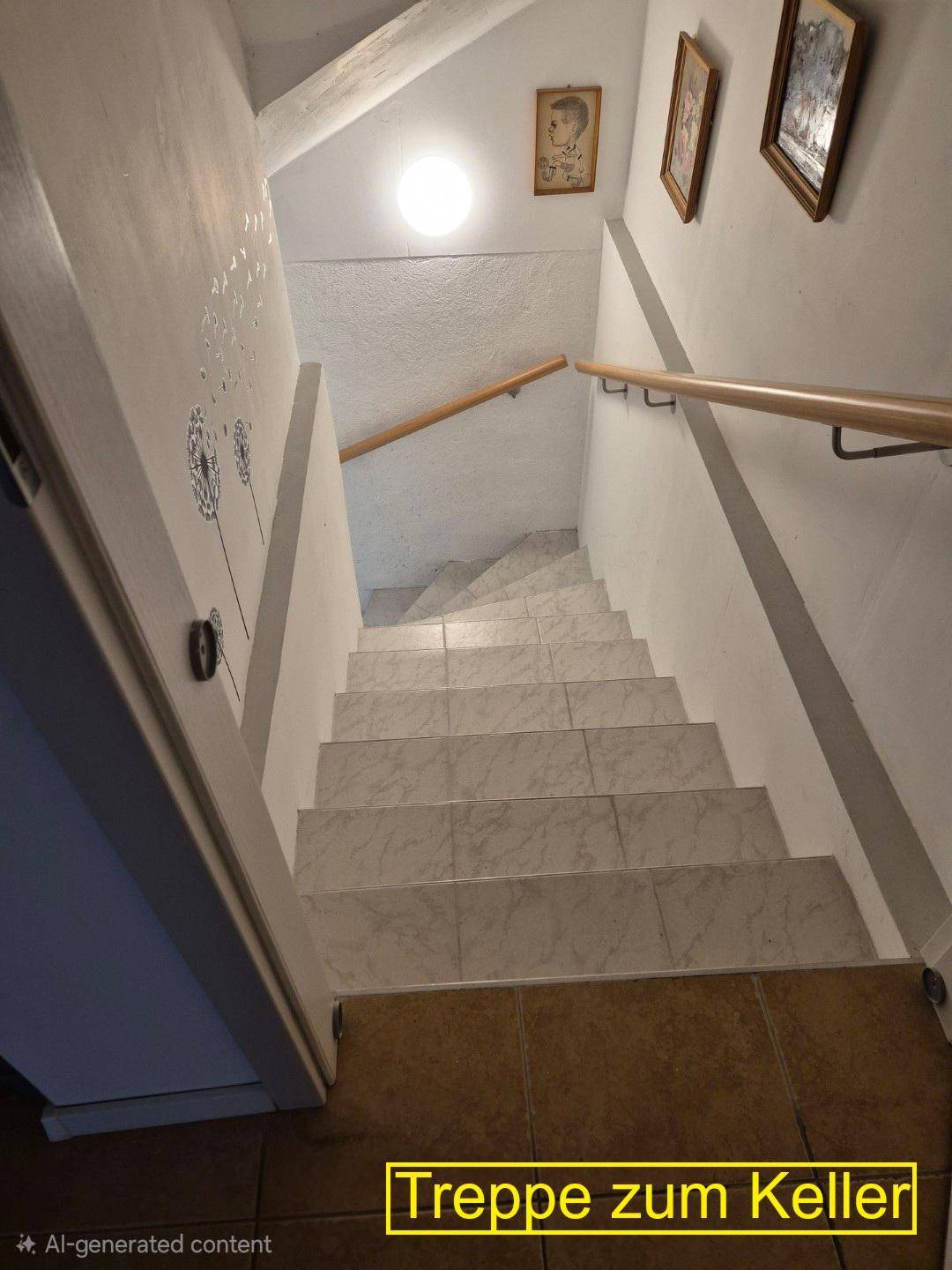 Geflieste Treppe führt hinunter in den Kellerbereich des Hauses.
