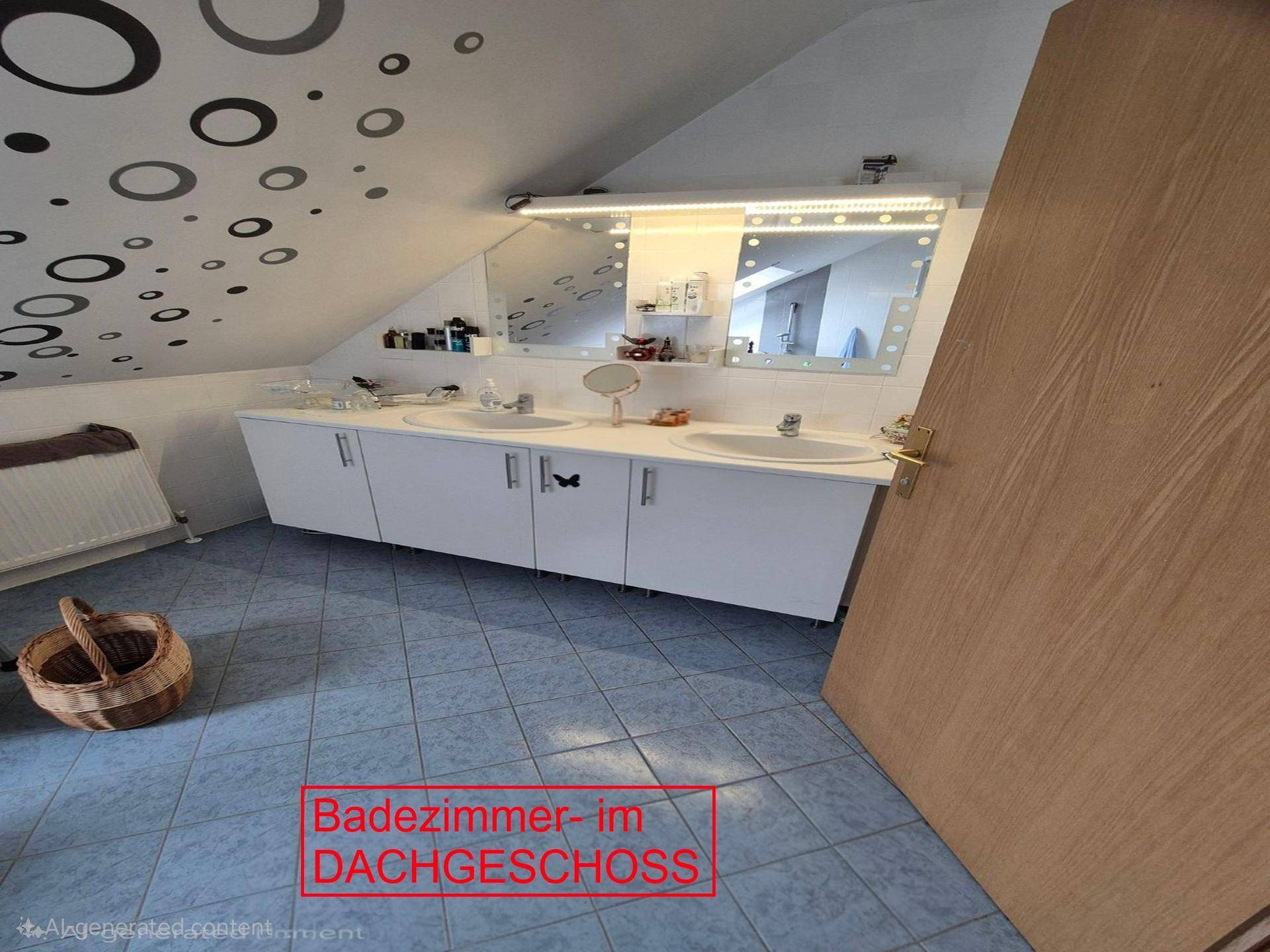 Dachgeschoss-Badezimmer mit Doppelwaschbecken, Spiegelschrank und blauen Fliesenboden.