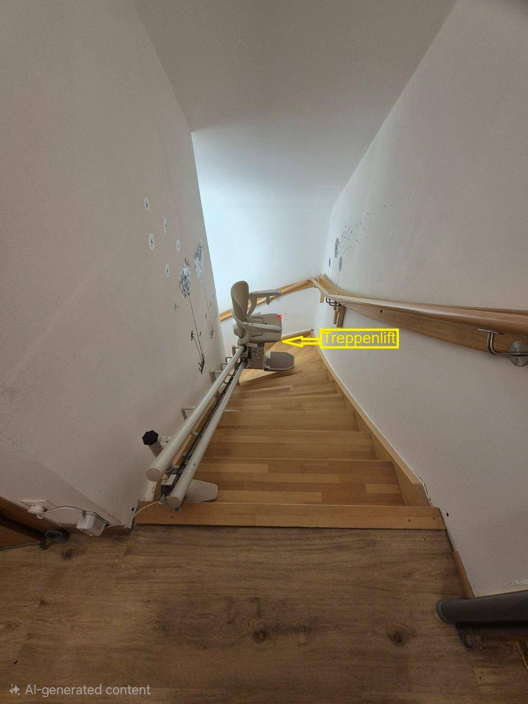 Holztreppe mit installiertem Treppenlift für barrierefreien Zugang zu den oberen Etagen.