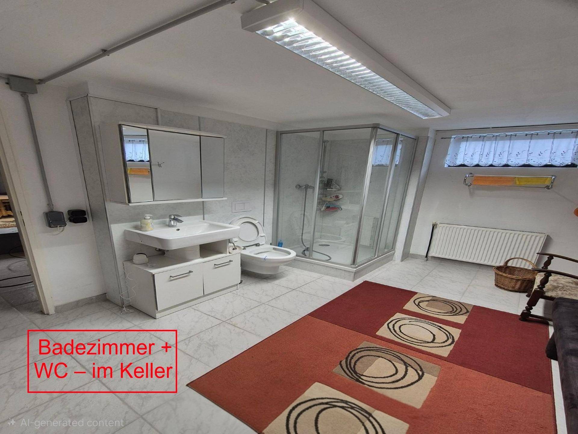 Modernes Badezimmer im Keller mit Dusche, Waschbecken und WC, hell gefliest.