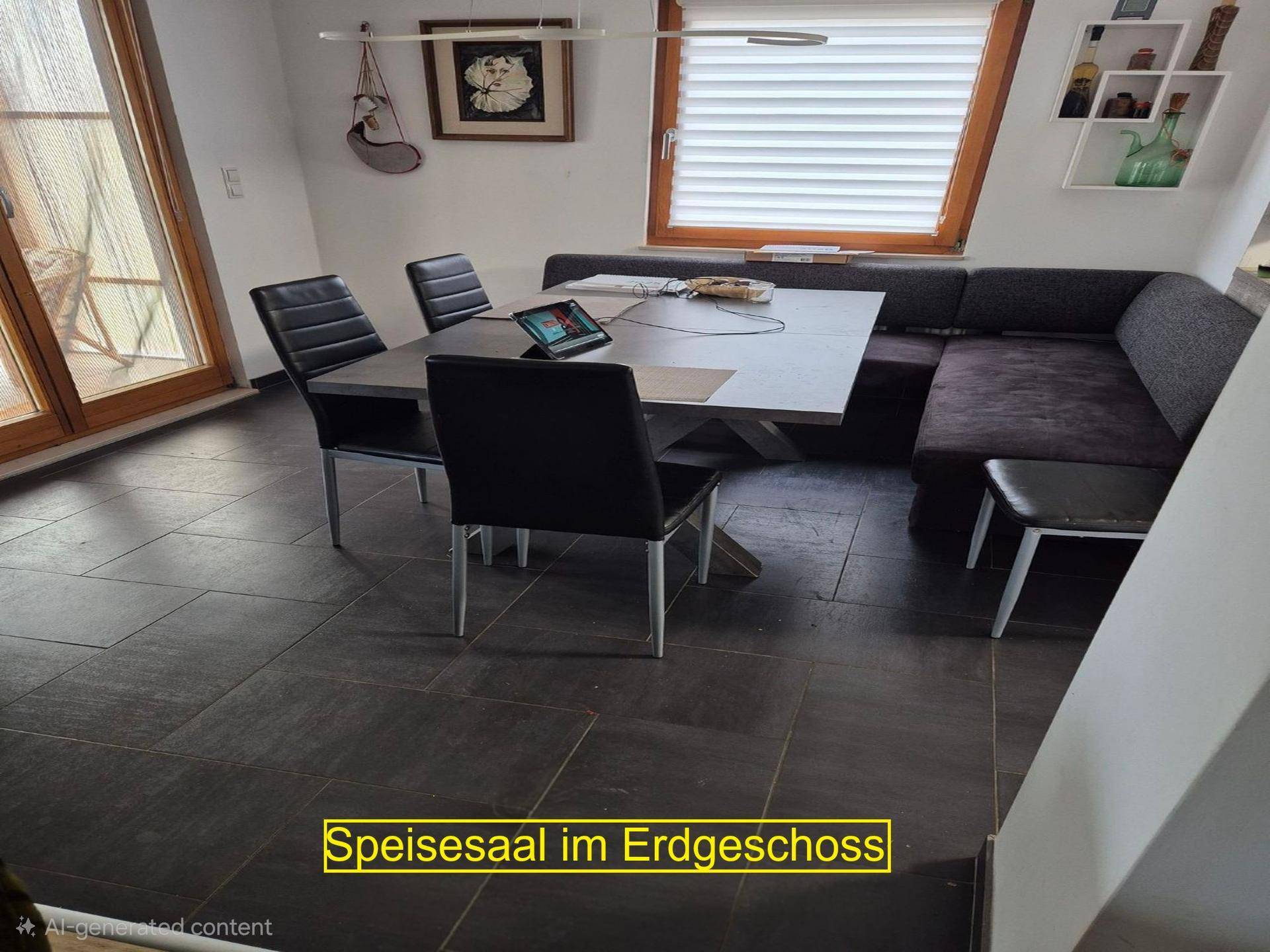 Gemütlicher Essbereich im Erdgeschoss mit großem Tisch und Eckbank, ideal für Familien.