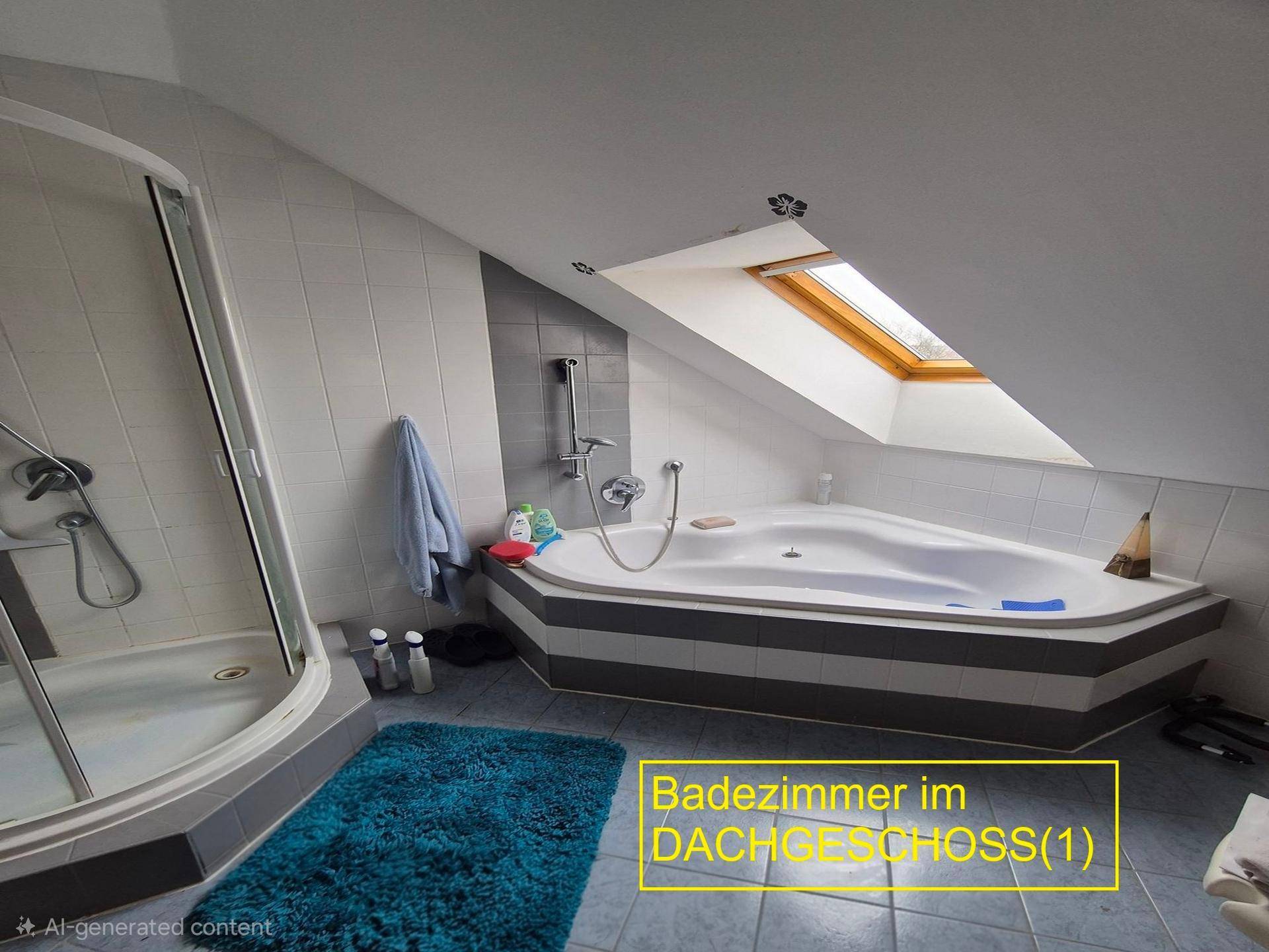 Helles Dachgeschoss-Badezimmer mit Eckbadewanne, Dusche und Dachfenster für natürliches Licht.
