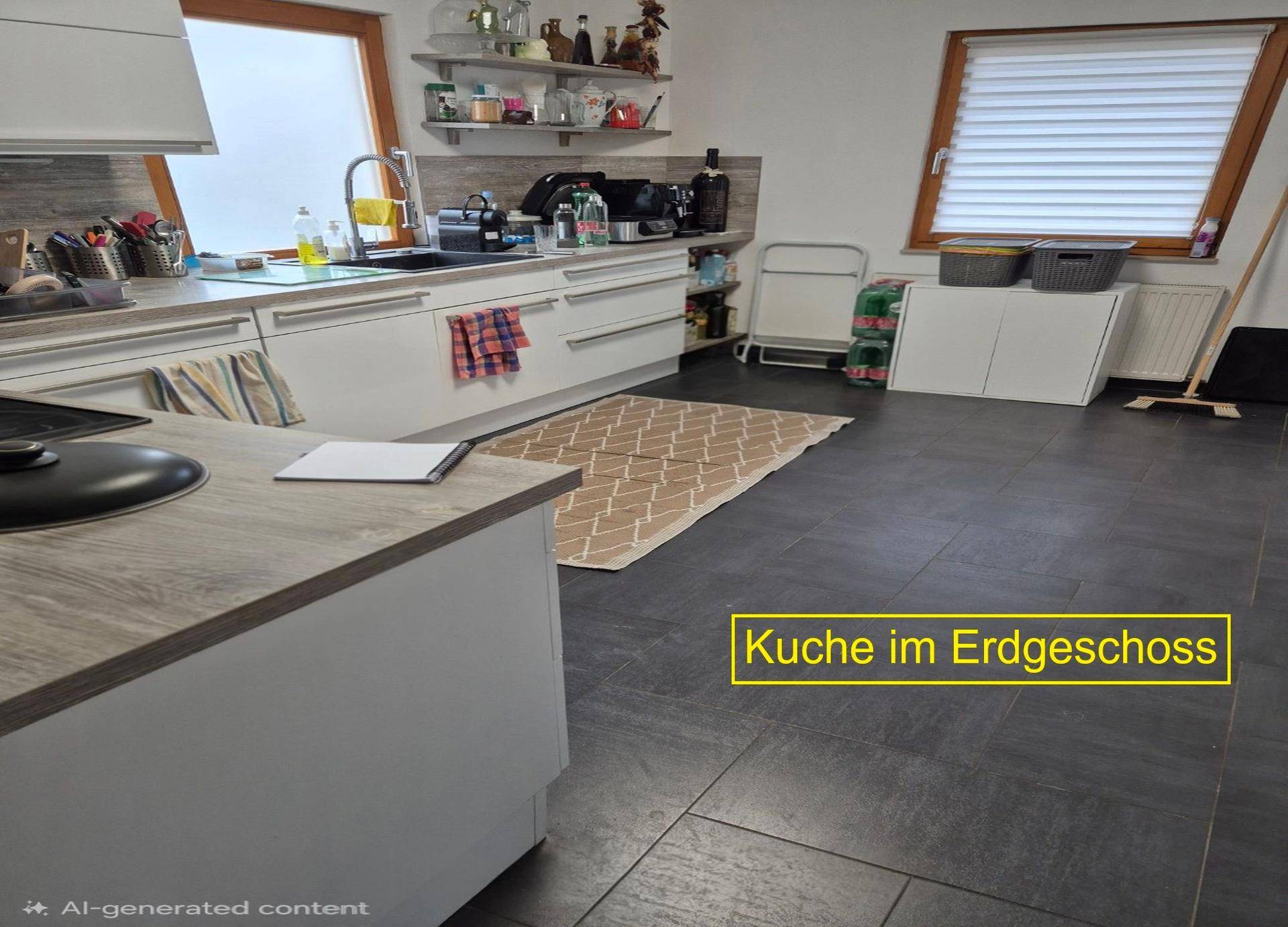 Moderne Küche im Erdgeschoss mit dunklen Fliesen, weißen Schränken und Arbeitsplatte.