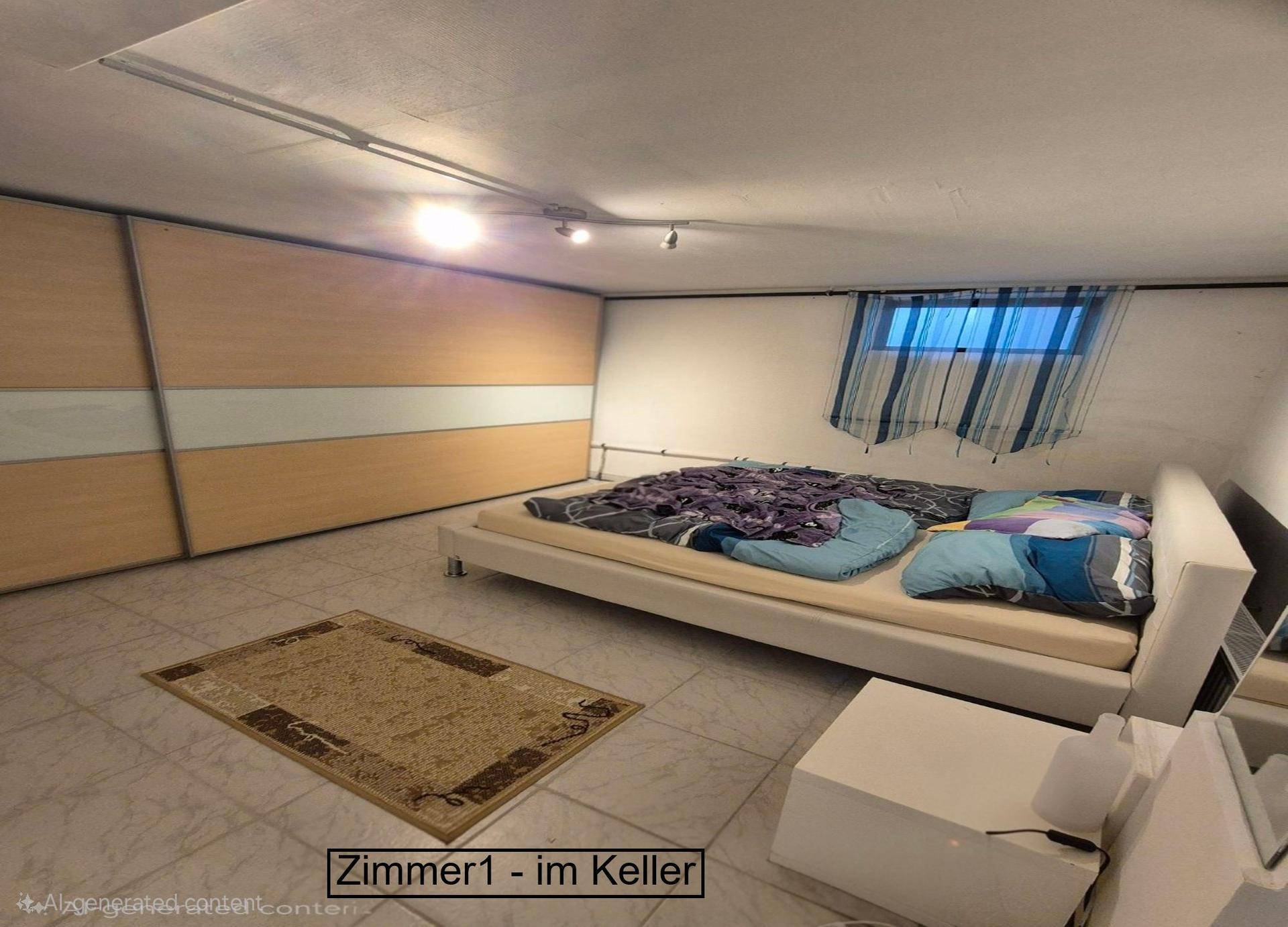 Schlafzimmer im Keller mit großem Schrank und Doppelbett, hell gefliest.